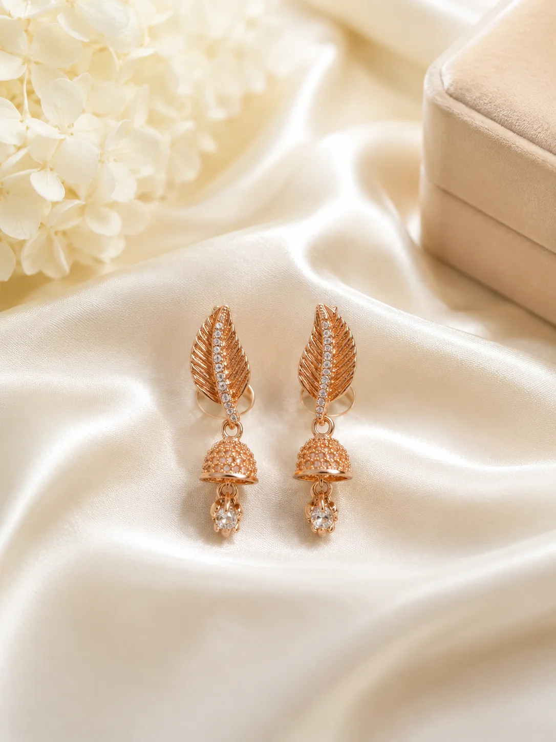 Elegant Rose Gold Leaf Jhumka Earrings