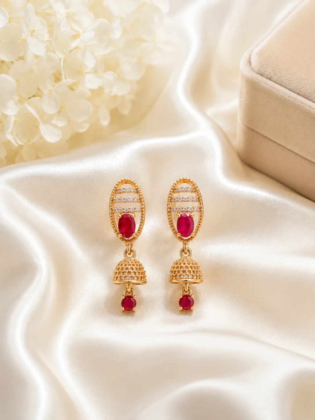 : Luxury Red Stone Golden Jhumka Earrings