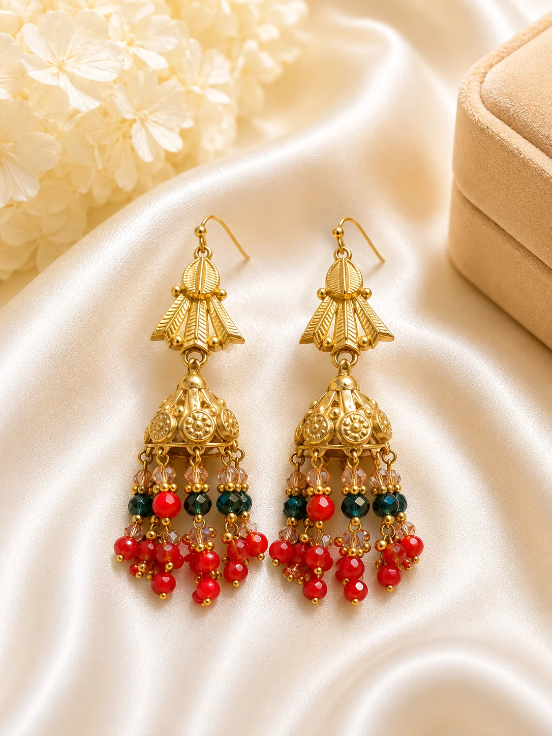 Traditional Golden Multicolor Beaded Jhumka Earrings