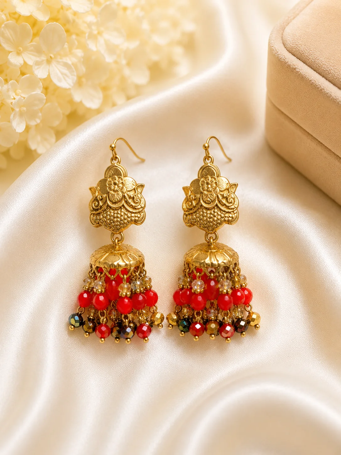 Traditional Golden Multicolor Beaded Jhumka Earrings