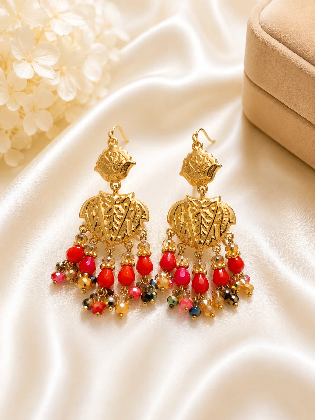 Traditional Golden Multicolor Beaded Jhumka Earrings