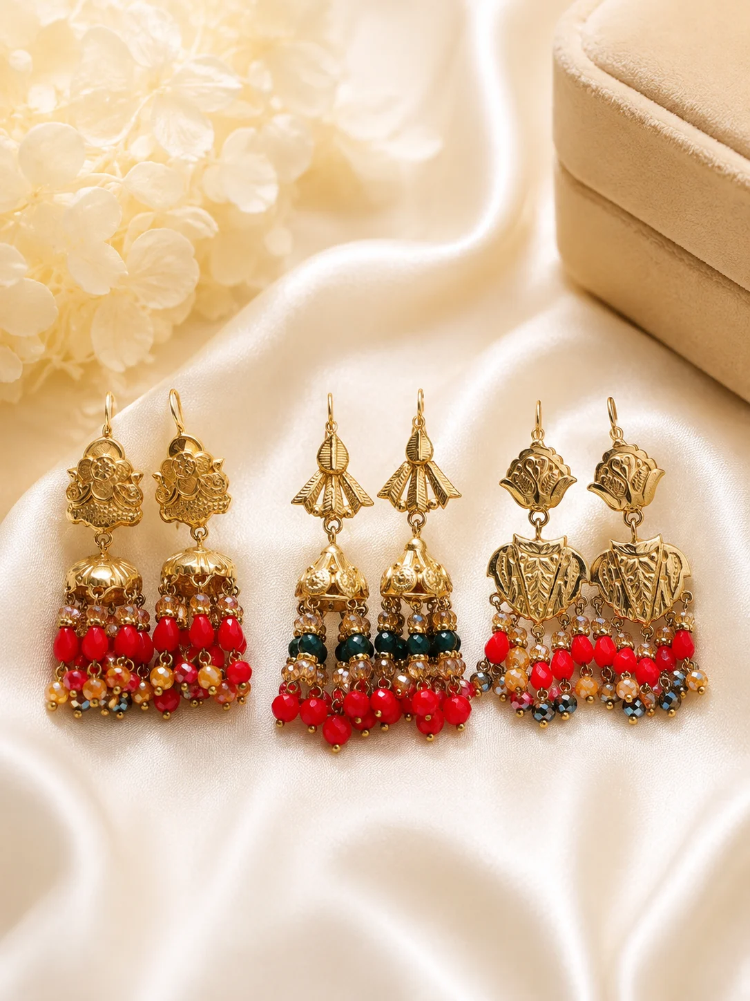 Traditional Golden Multicolor Beaded Jhumka Earrings
