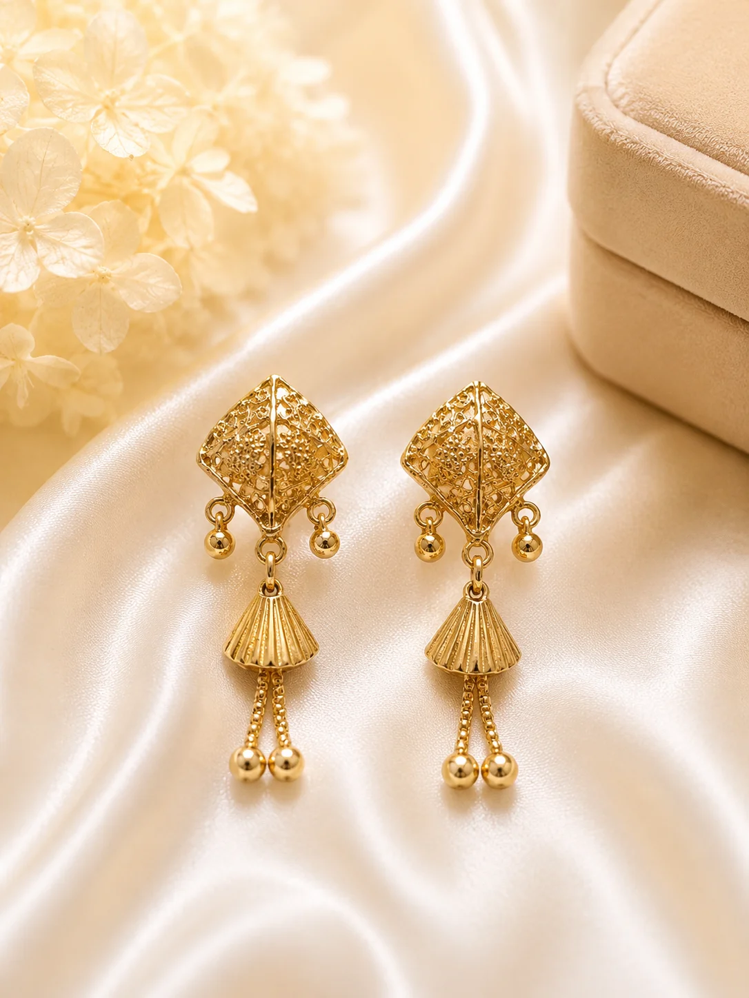 Traditional Golden Filigree Leaf Drop Earrings