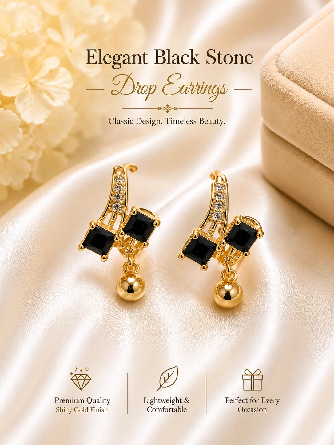 Elegant Gold Drop Earrings – Black & Aqua Stone Collection