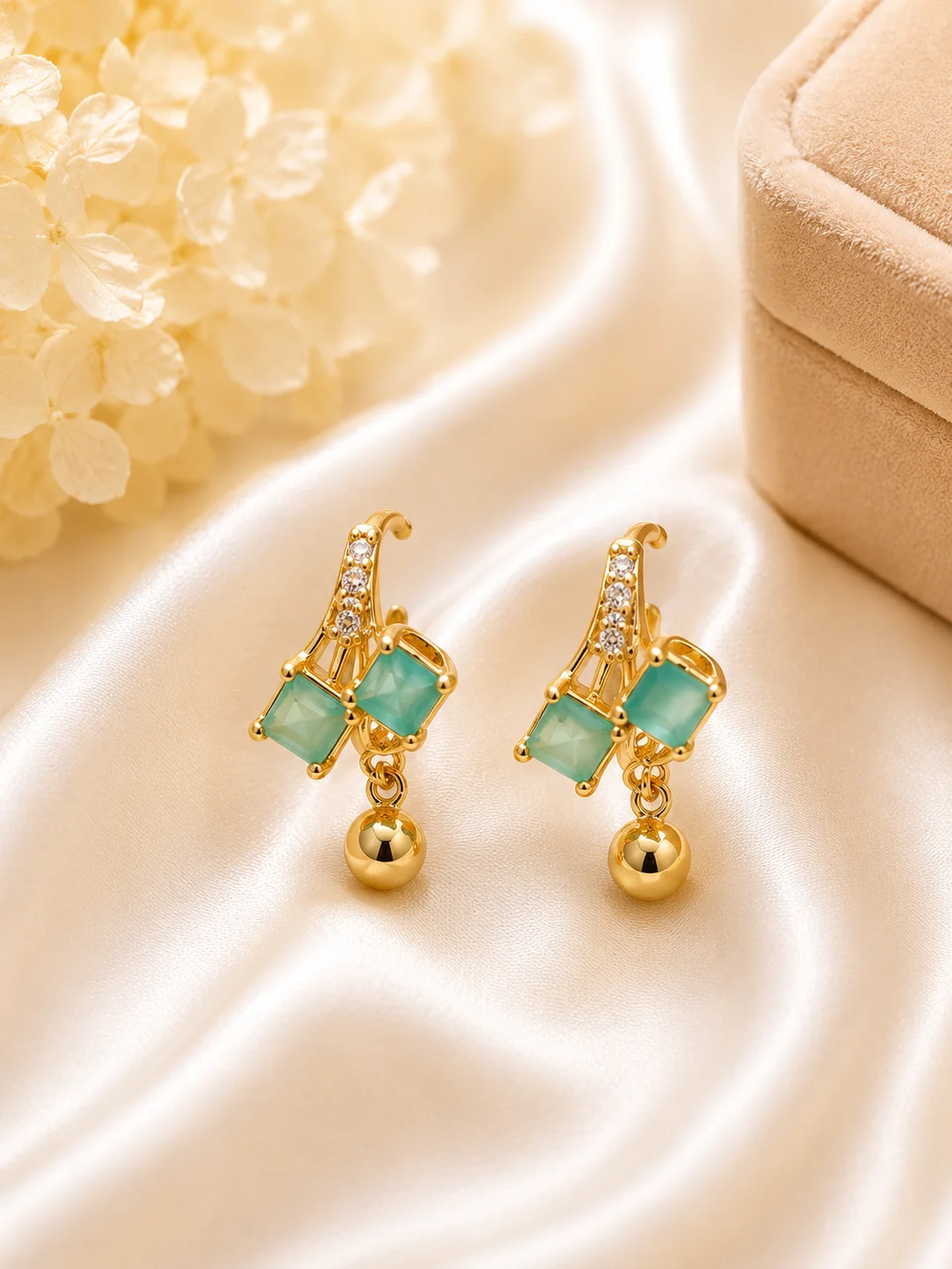 Elegant Gold Drop Earrings – Black & Aqua Stone Collection