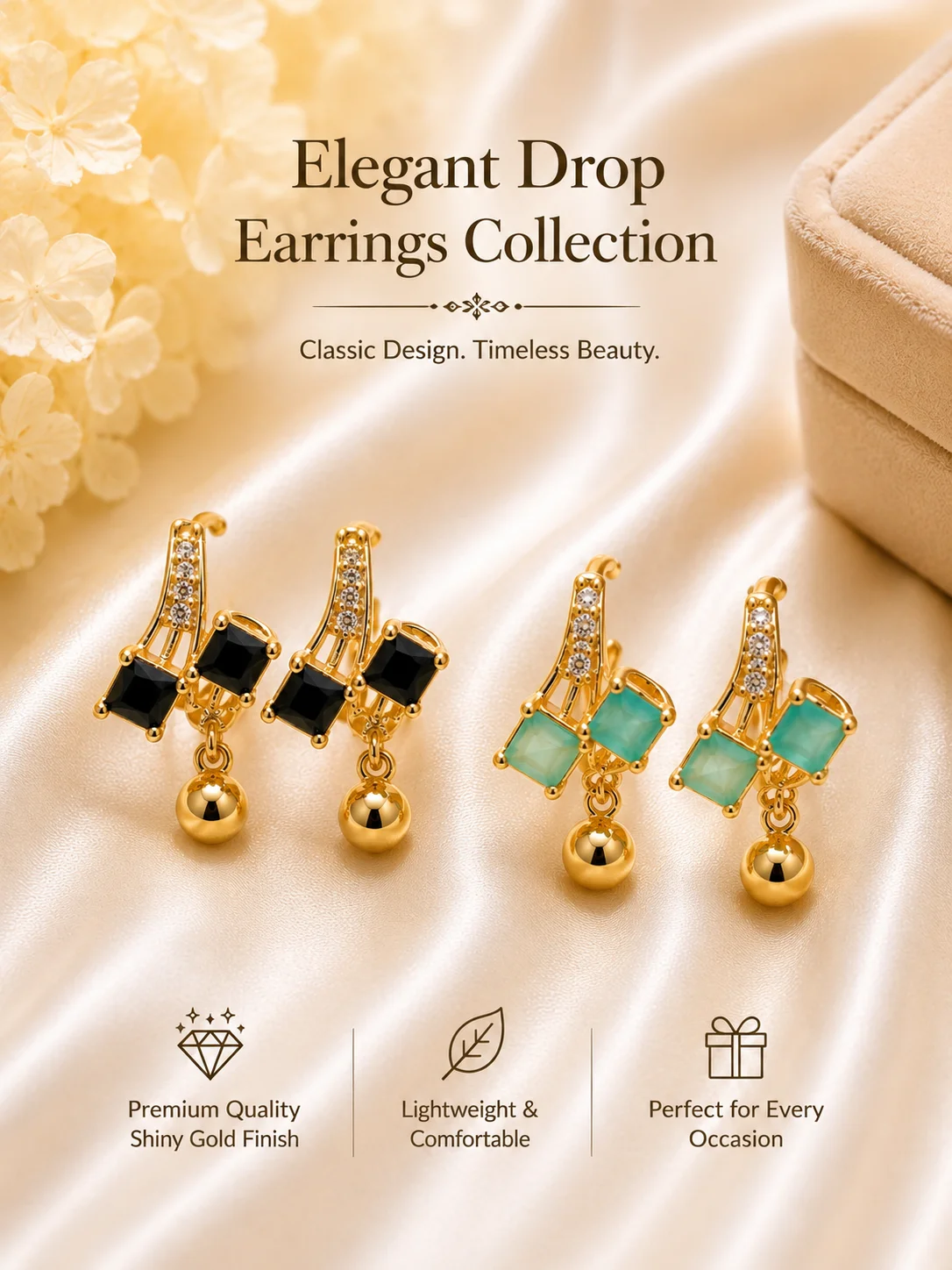 Elegant Gold Drop Earrings – Black & Aqua Stone Collection