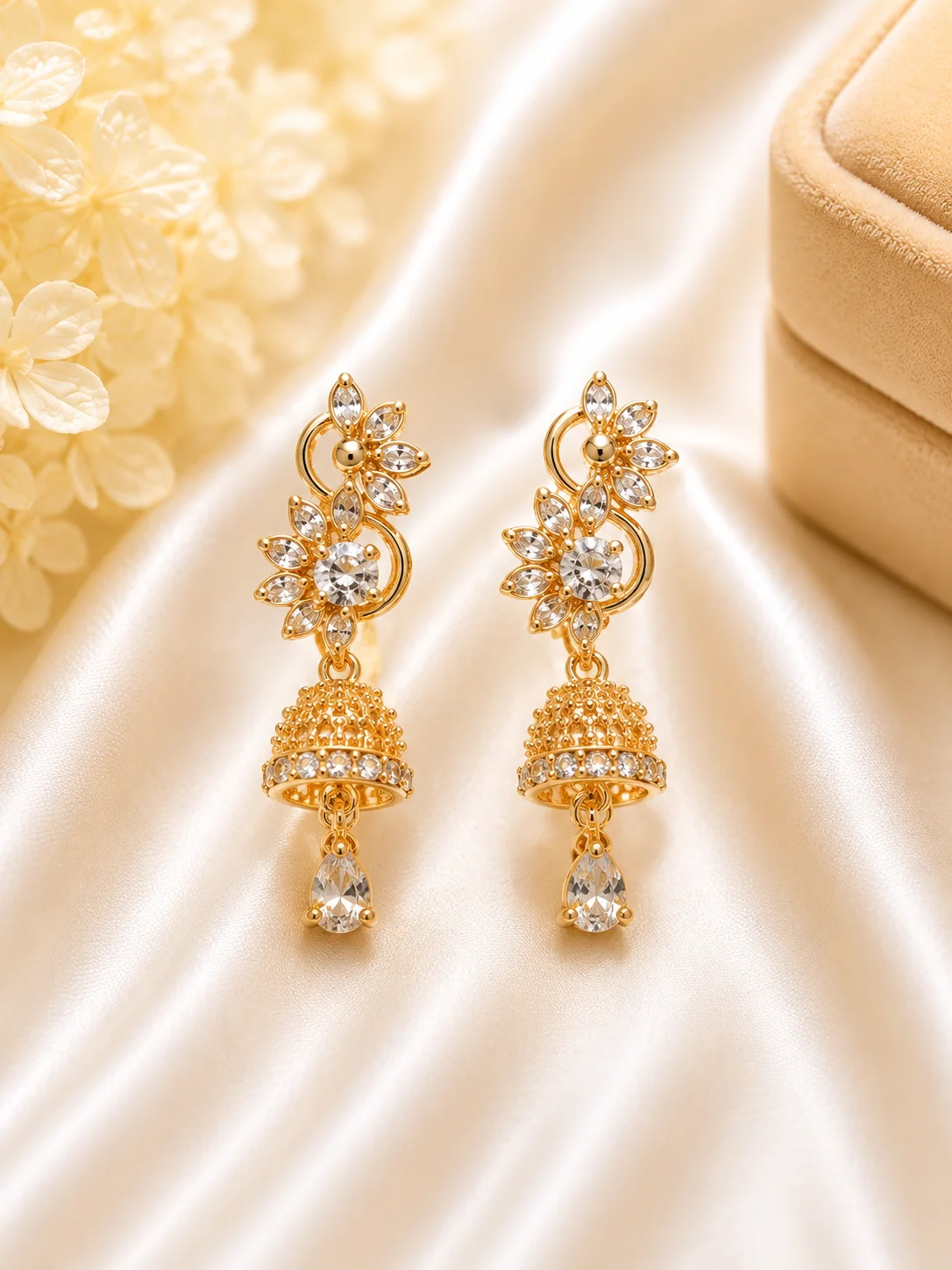 Elegant Golden Floral Crystal Jhumka Earrings