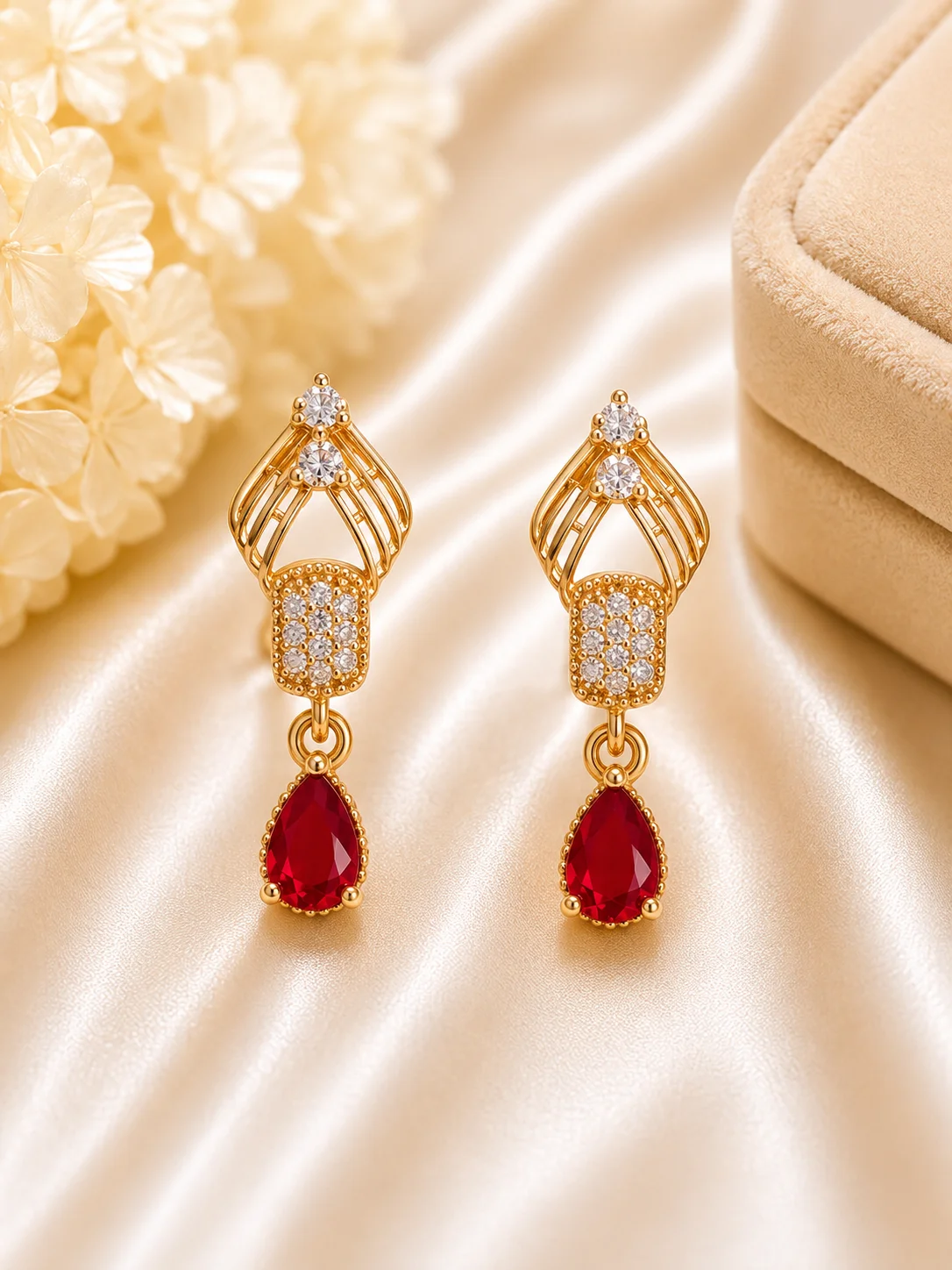 Elegant Golden Ruby Red Teardrop Crystal Earrings