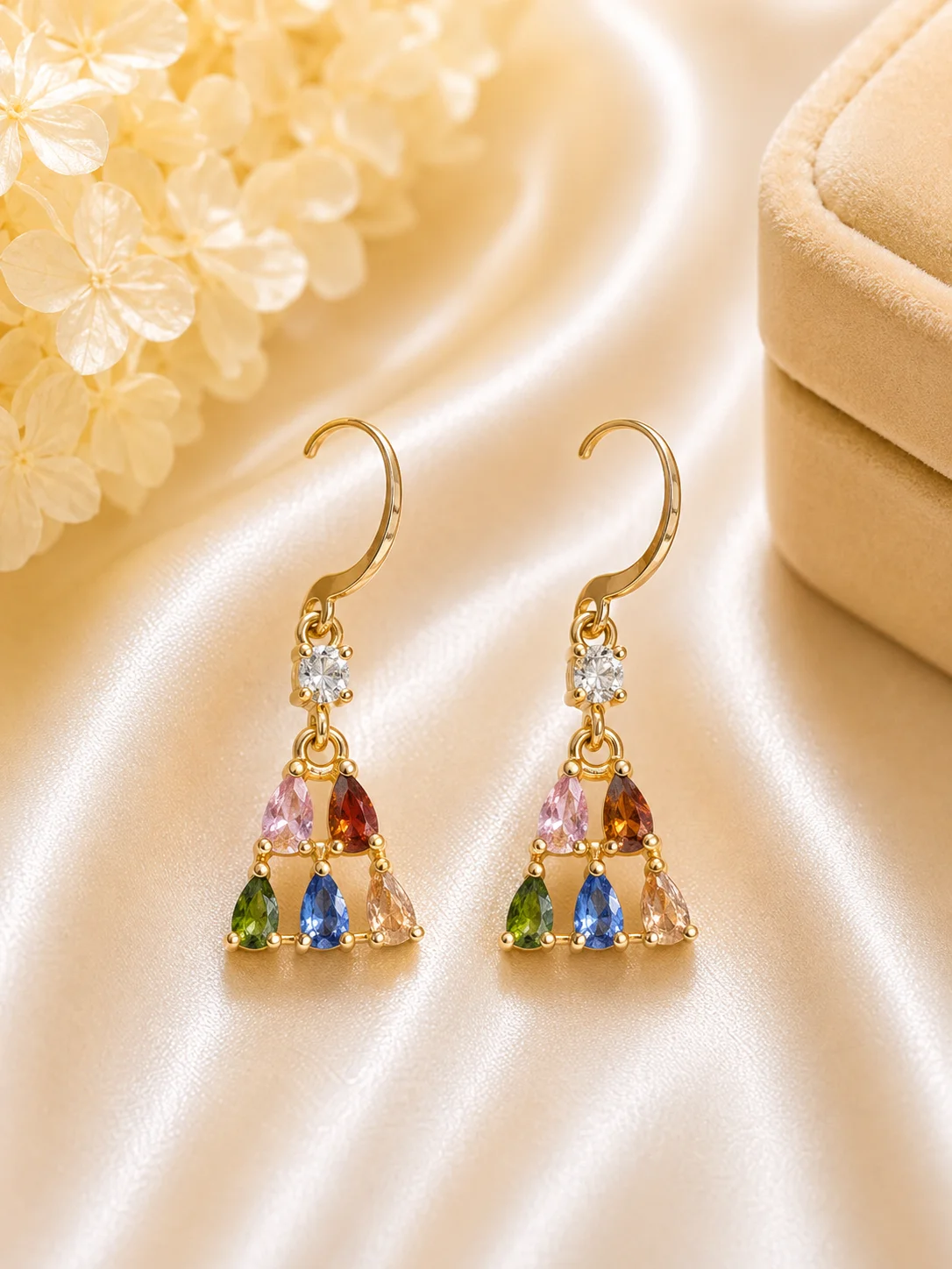 Elegant Golden Multicolor Teardrop Stone Earrings