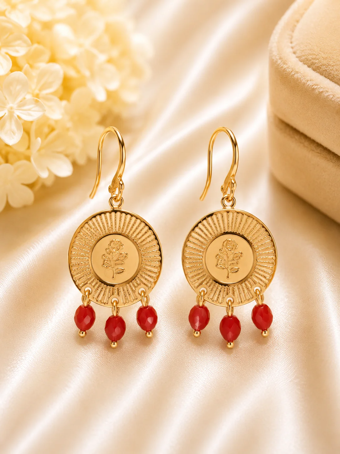 Golden Floral Medallion Drop Earrings – 3 Color Bead Collection