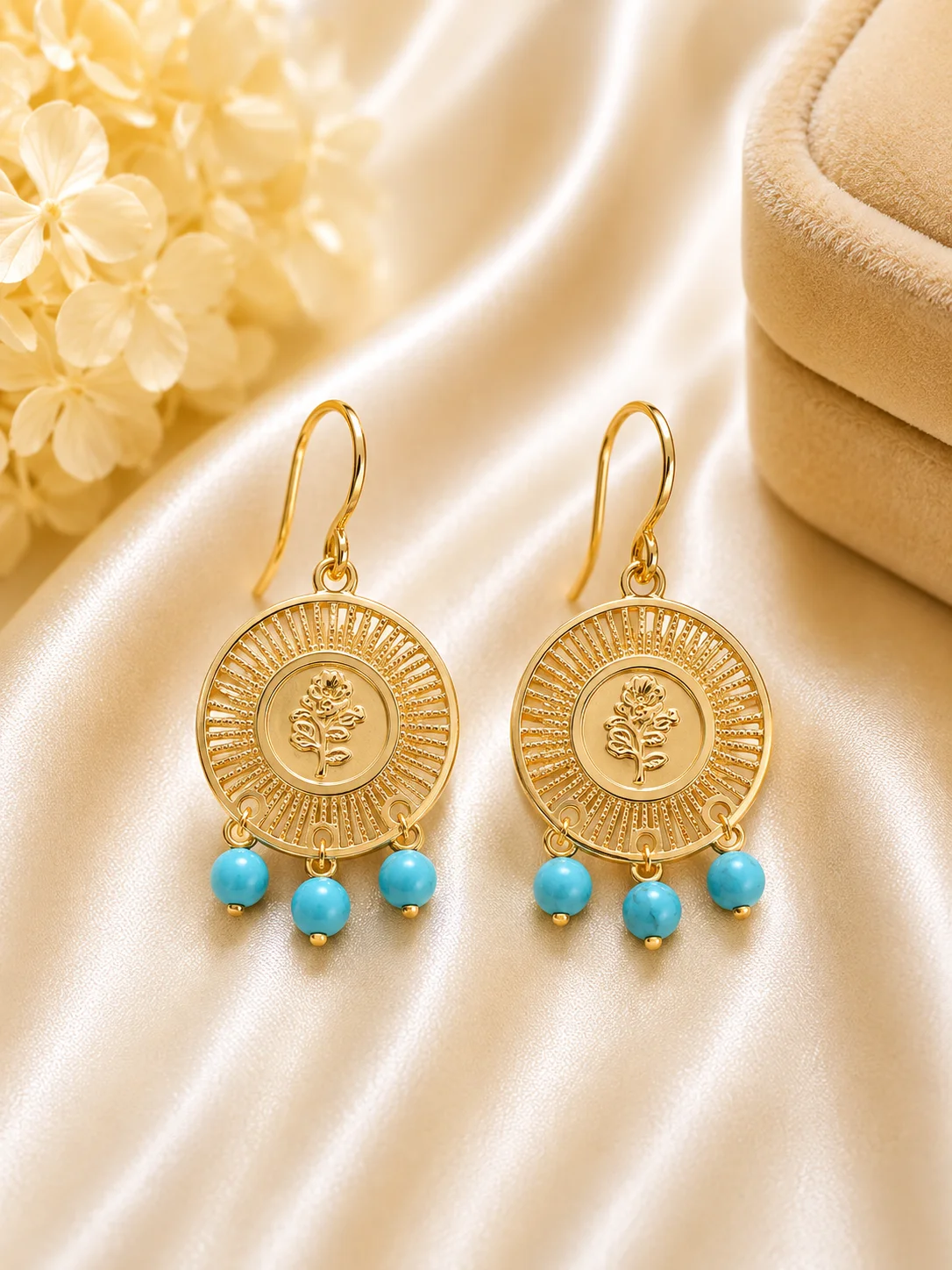 Golden Floral Medallion Drop Earrings – 3 Color Bead Collection