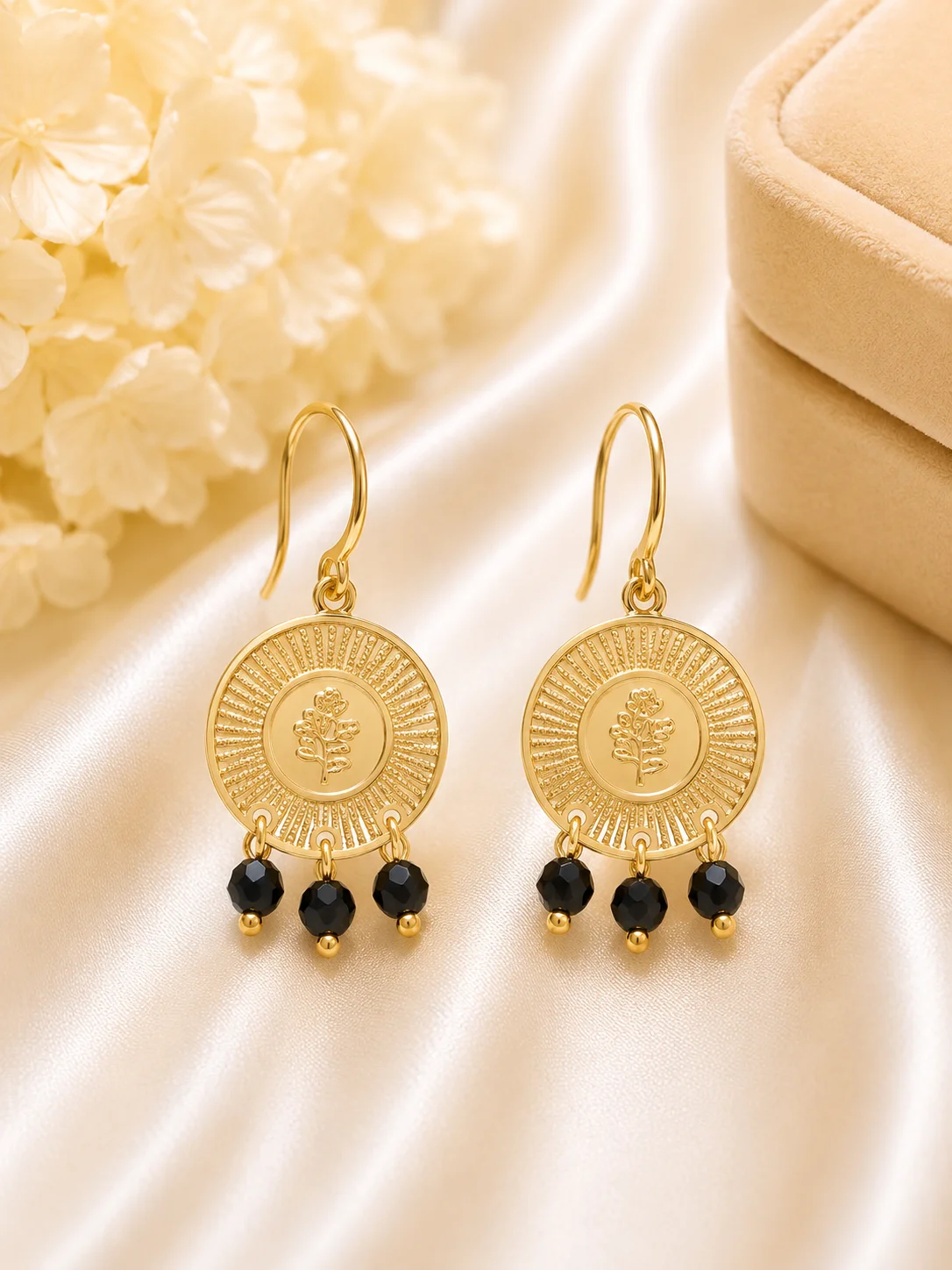Golden Floral Medallion Drop Earrings – 3 Color Bead Collection