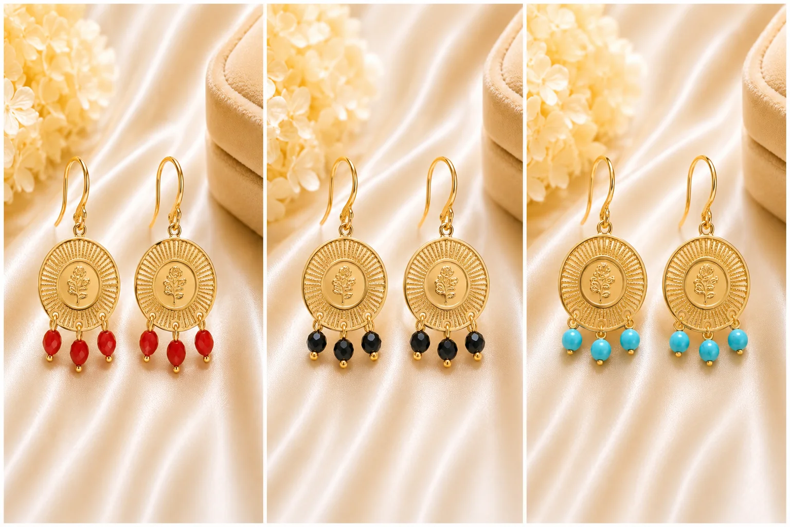 Golden Floral Medallion Drop Earrings – 3 Color Bead Collection