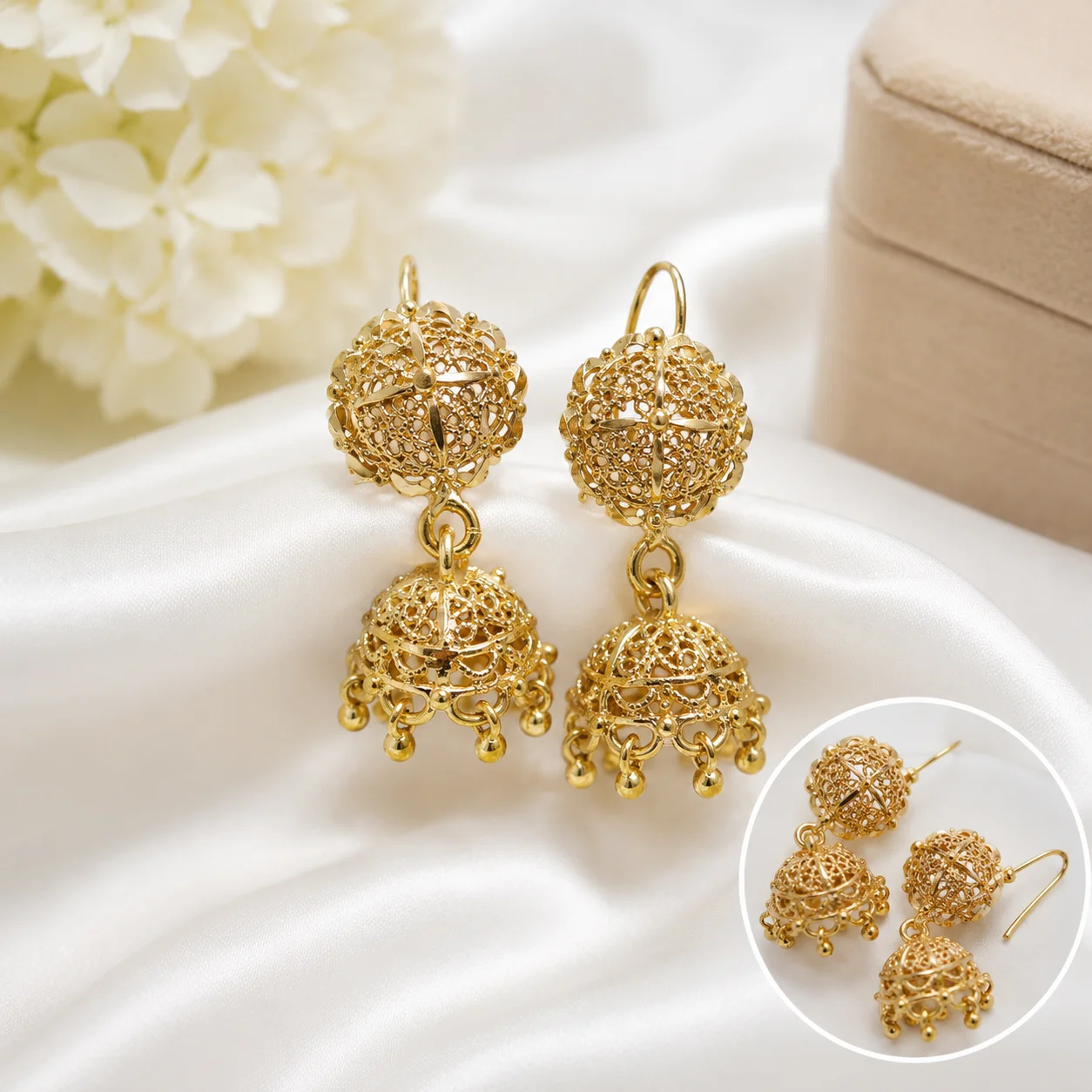Gold Filigree Jhumka Earrings for Women