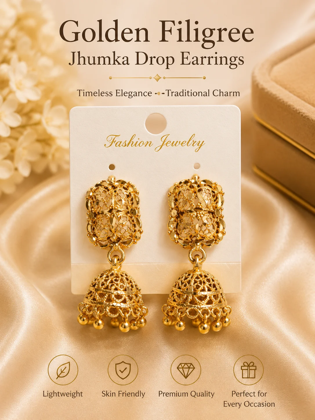 Golden Filigree Traditional Jhumka Drop Earrings