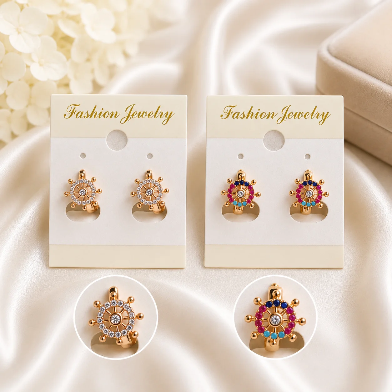 Rose Gold Wheel Stud Earrings Combo | Crystal & Multicolor Designer Earrings