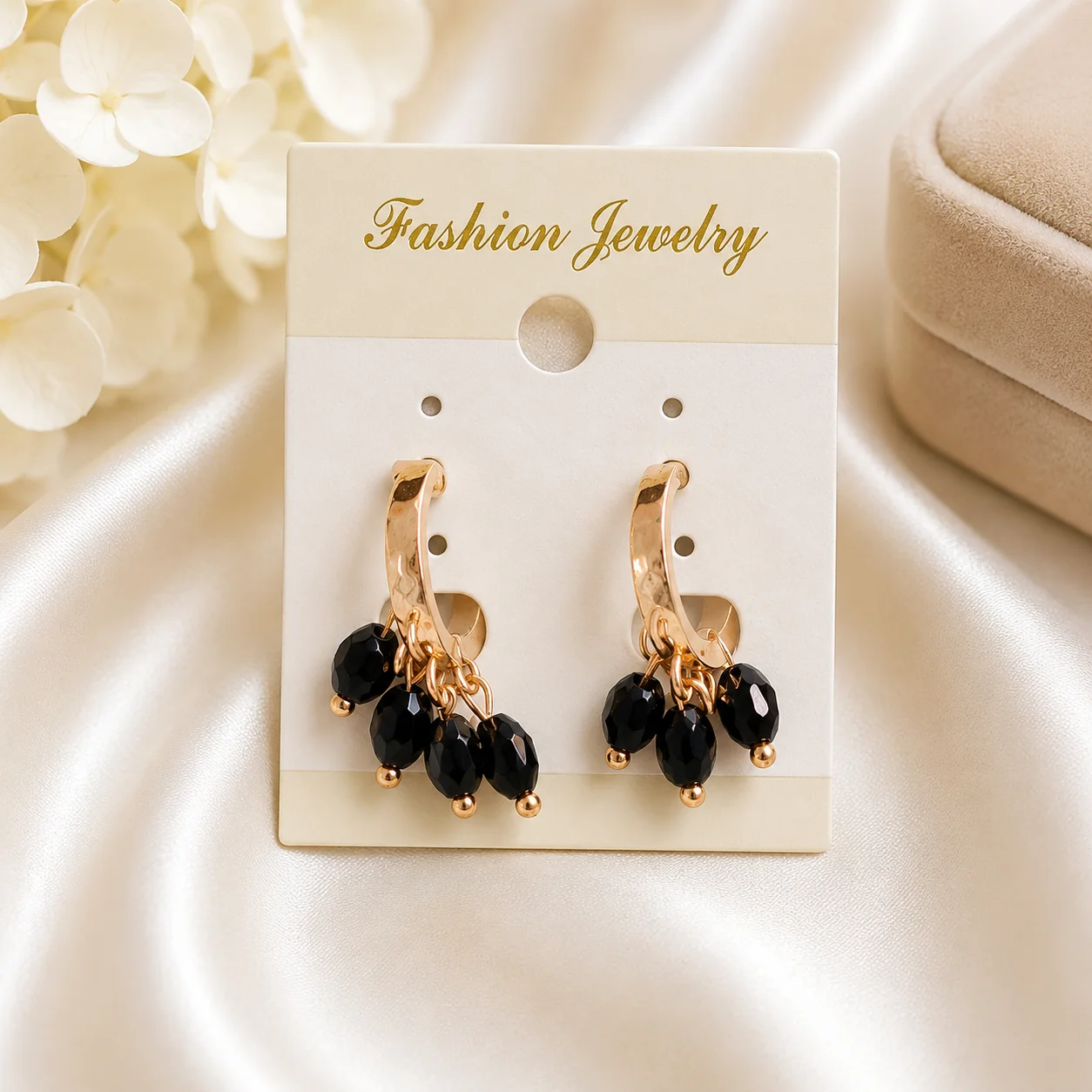 Rose Gold Black Beaded Hoop Earrings