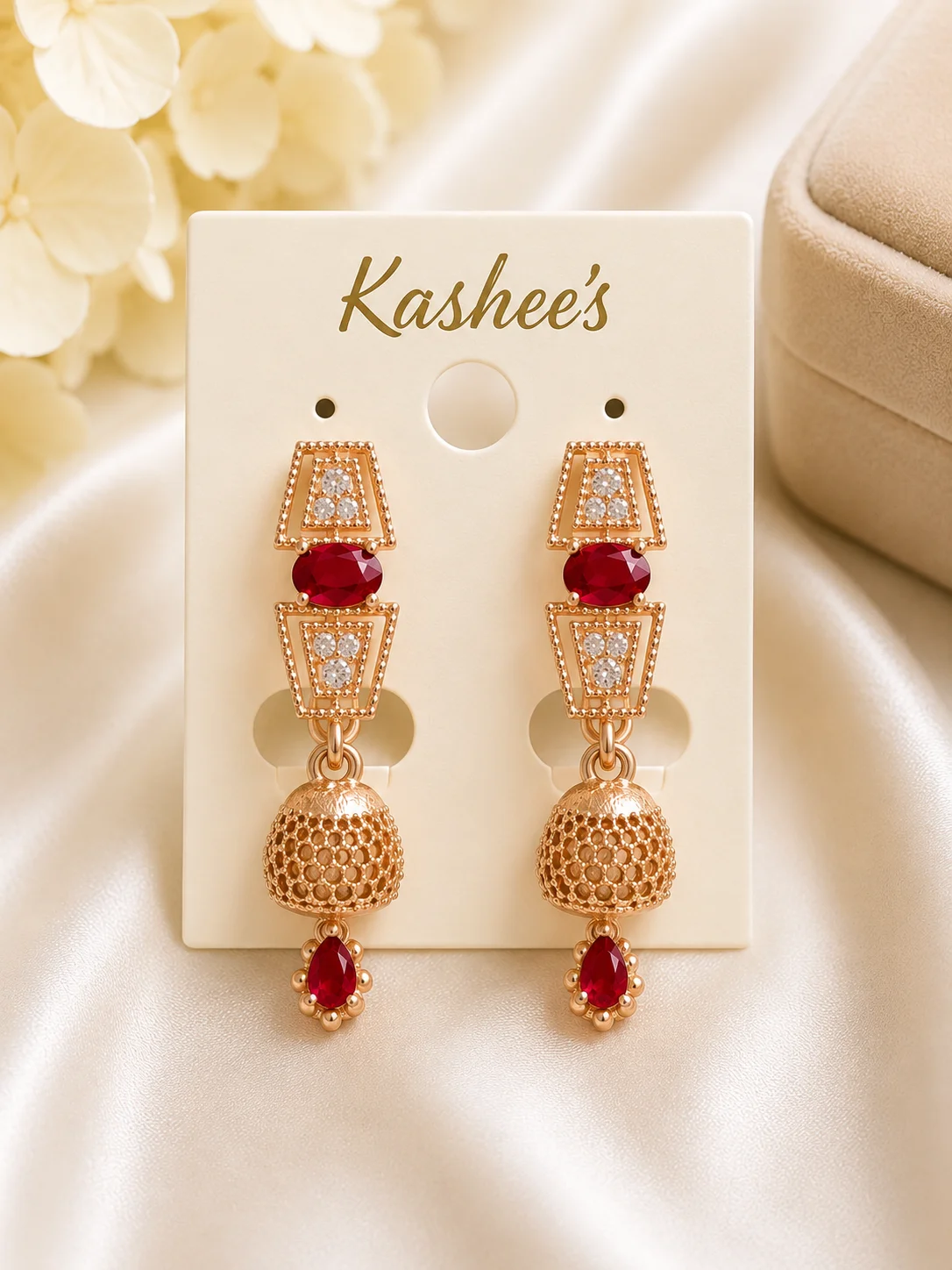 Rose Gold Jhumki Earrings | Red Stone Designer Drop Earring