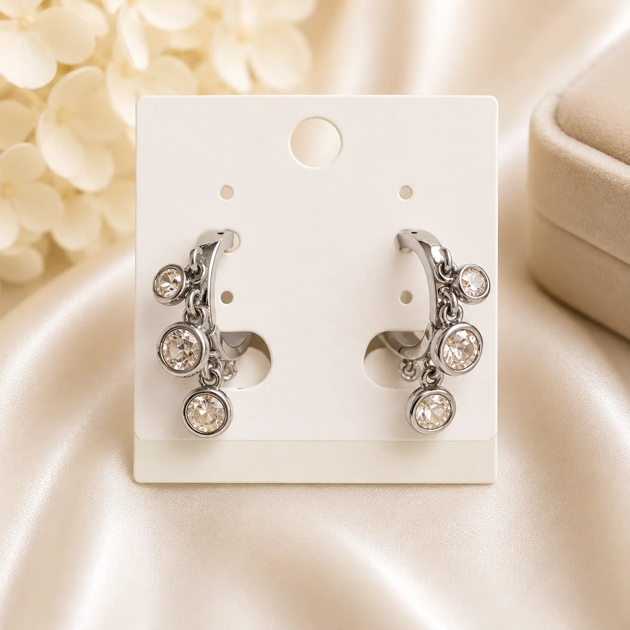 Silver Crystal Hoop Earrings | Elegant Triple Stone Dangle Earrings
