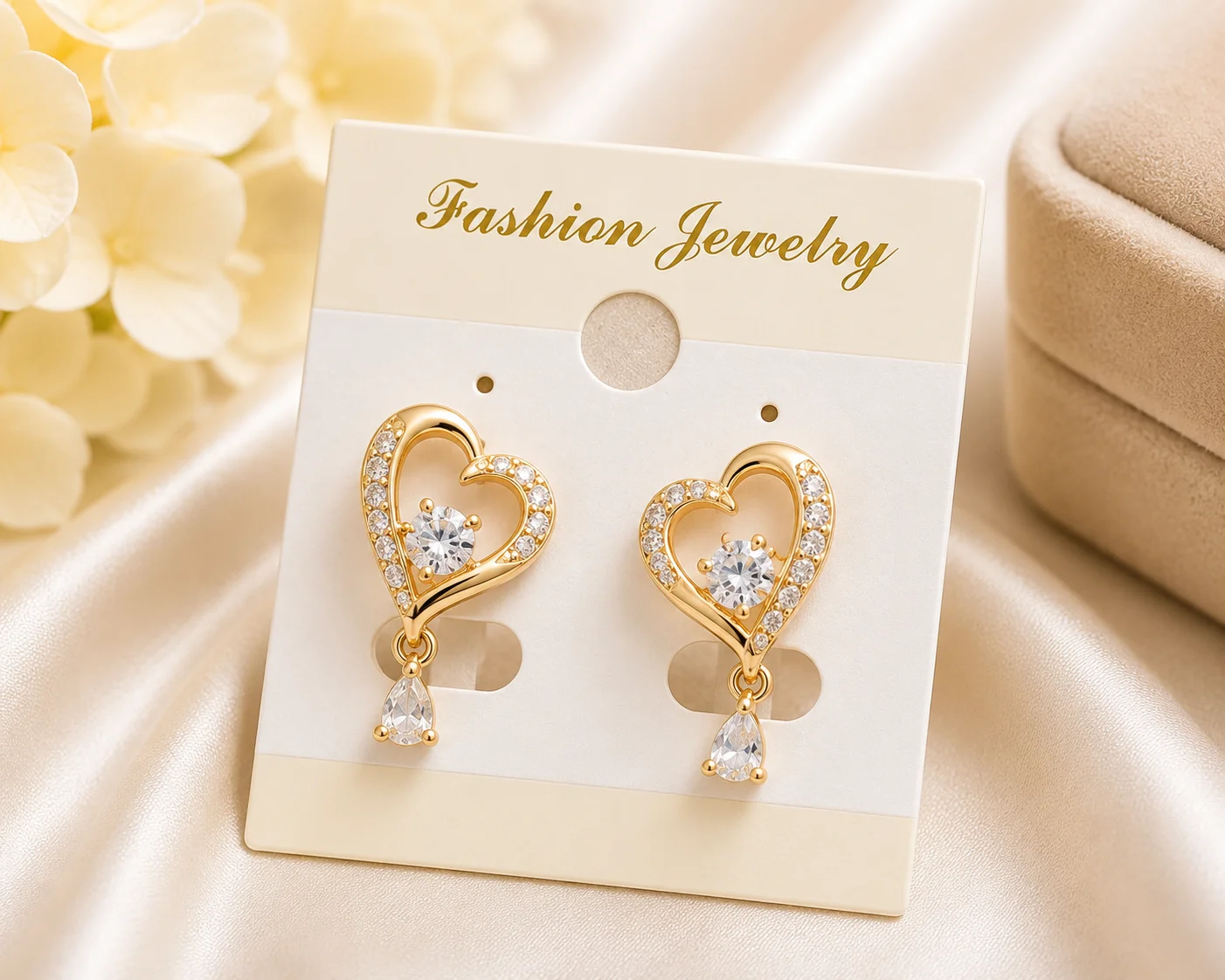 Gold Heart Crystal Drop Earrings