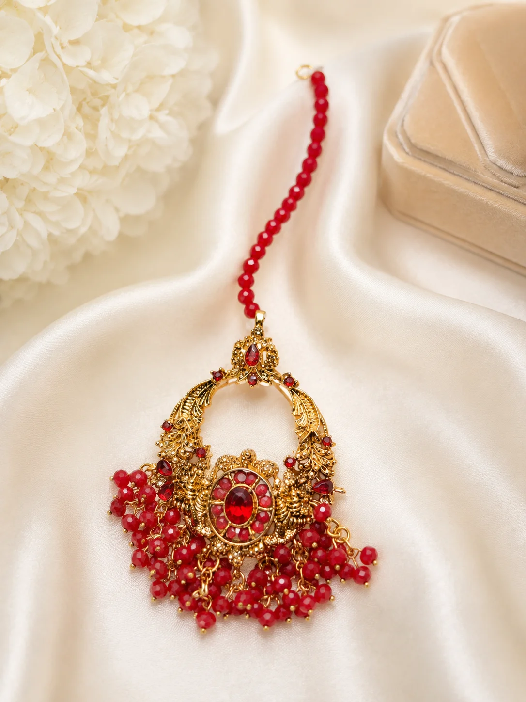 Luxury Red Stone Pearl Beaded Tikka