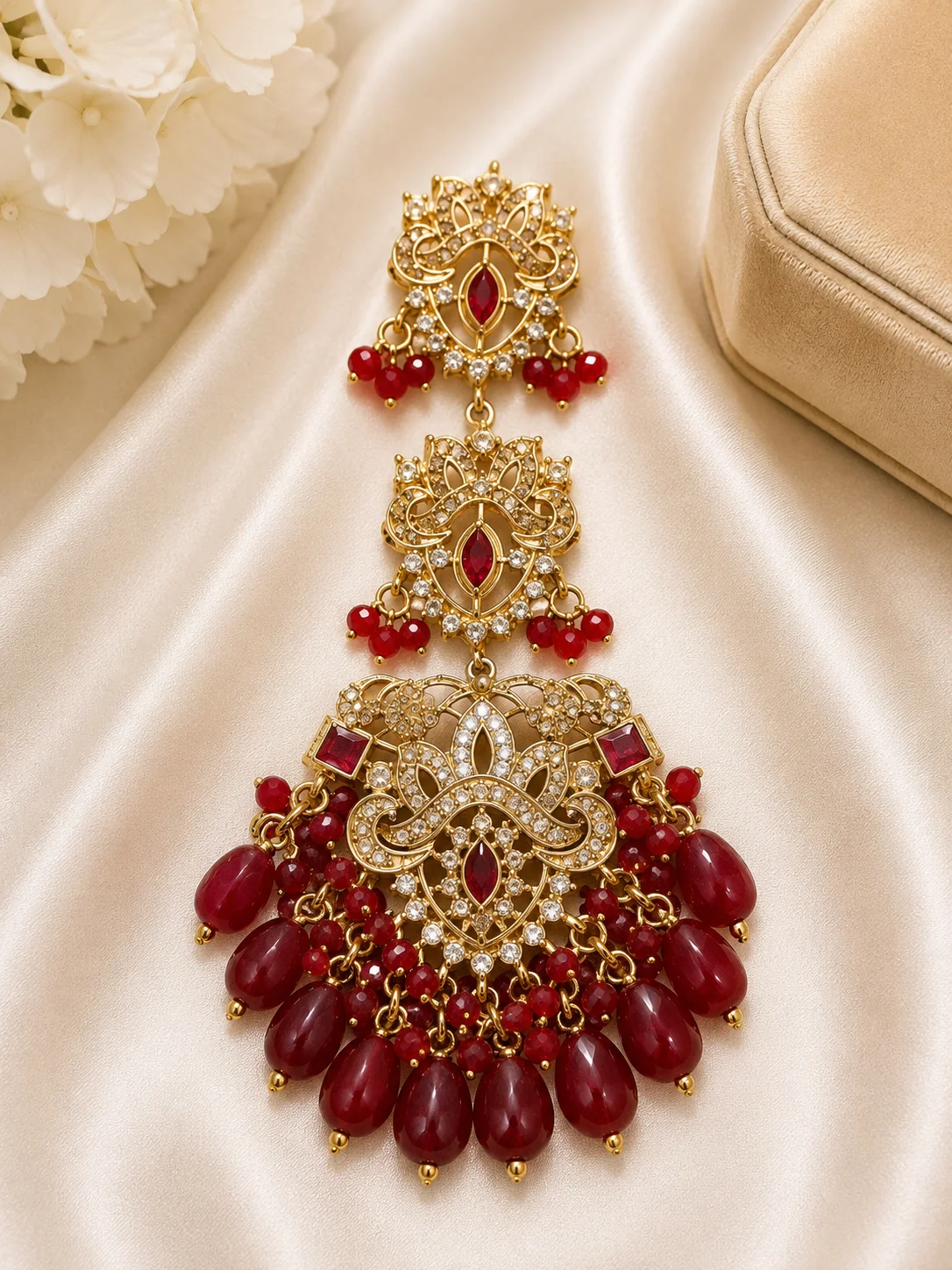 Luxury Maroon Stone Bridal Tikka
