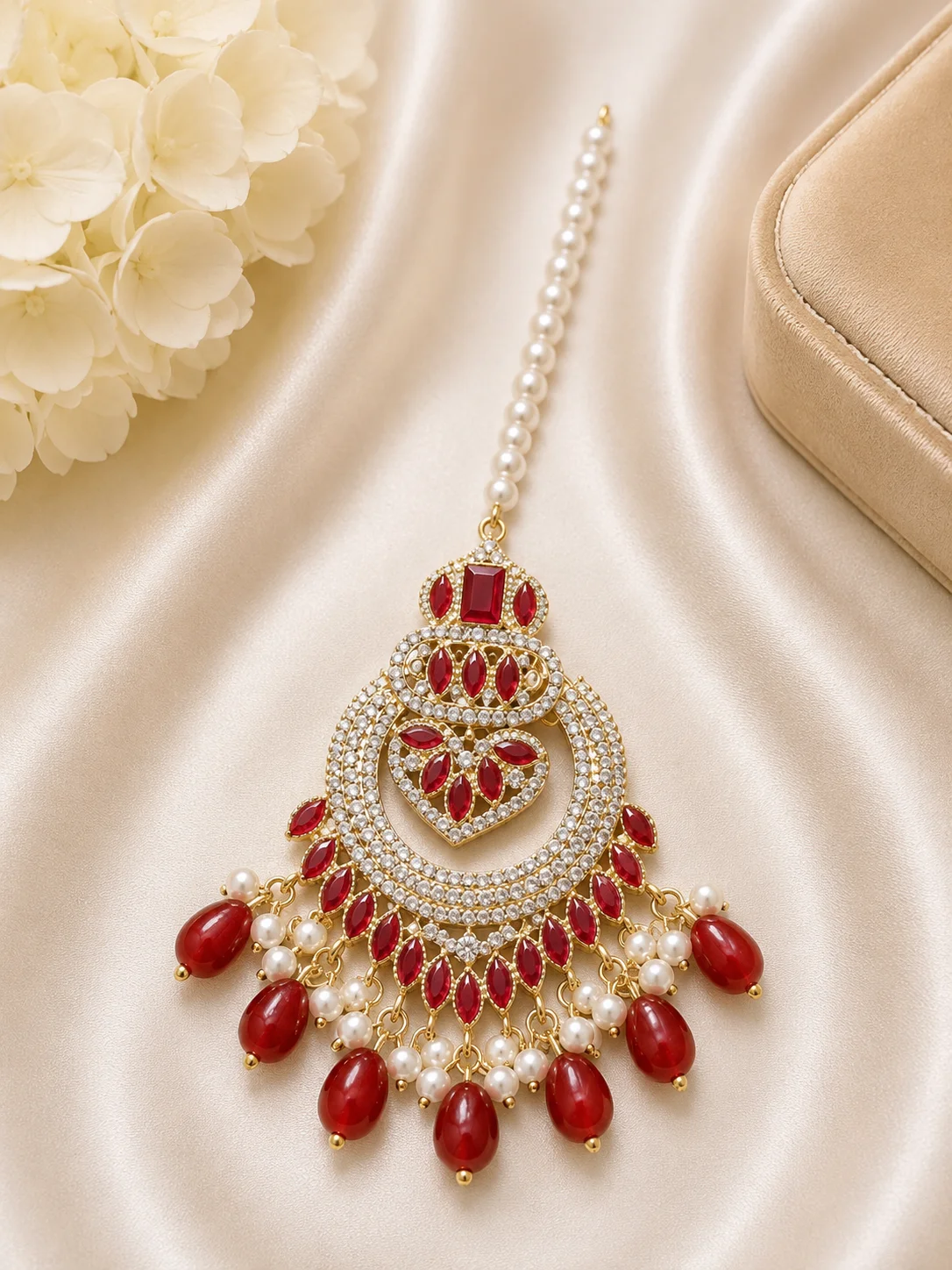 Luxury Bridal Tikka Duo – Red & White Pearl Collection