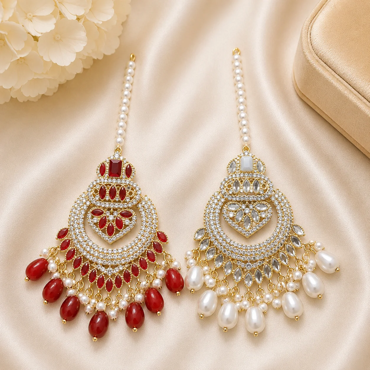 Luxury Bridal Tikka Duo – Red & White Pearl Collection