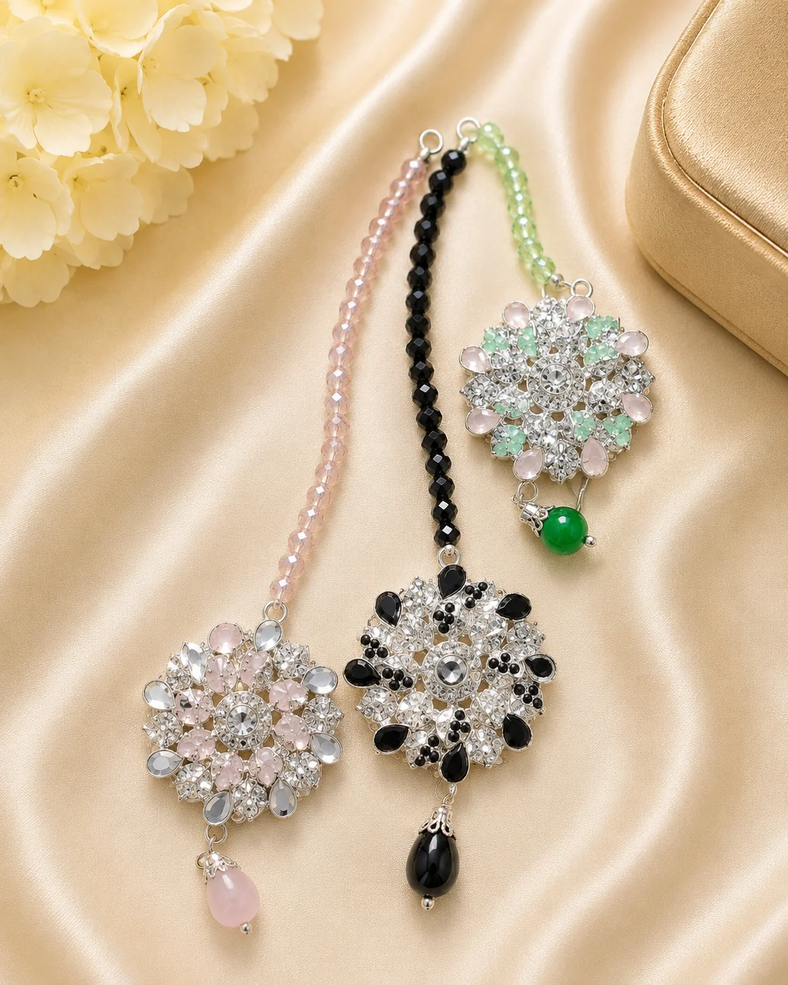 Luxury Floral Tikka Trio Set – Pink, Black & Mint Green