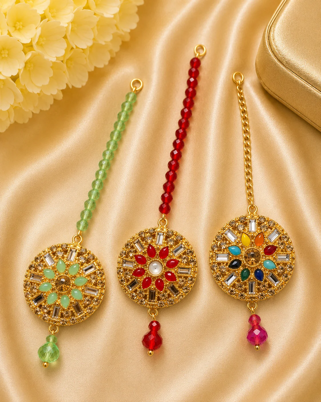 Premium Multicolor Floral Kundan Tikka – 3 Color Set