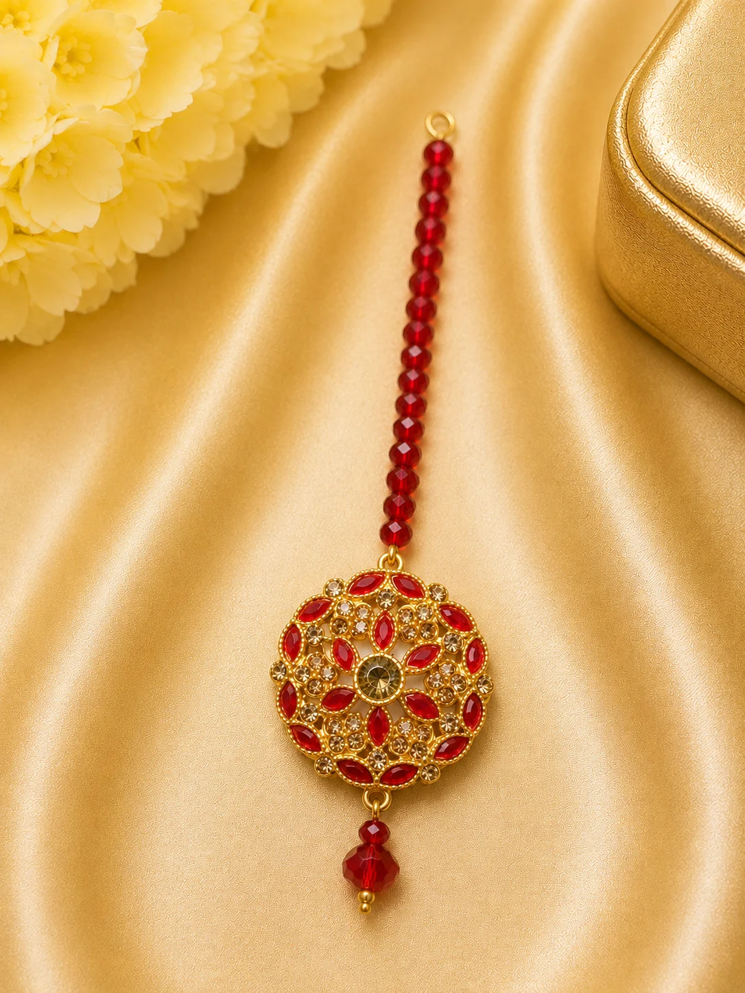 Royal Ruby Floral Tikka – Traditional Bridal Hair Accessory