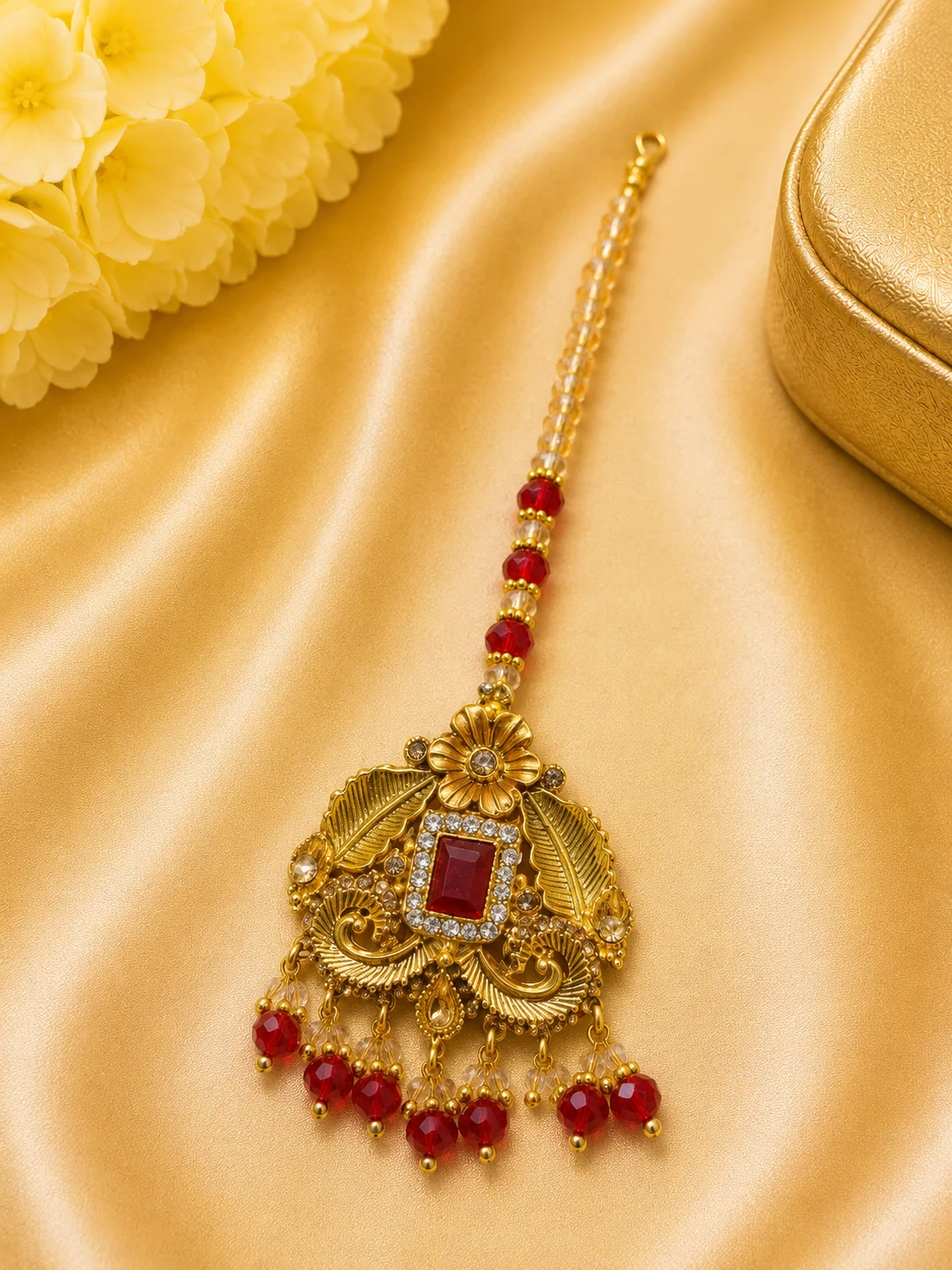 Vintage Floral Ruby Maang Tikka – Bridal Hair Accessory