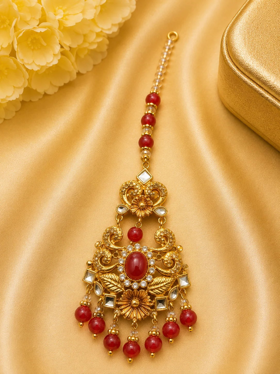 Vintage Ruby Stone Maang Tikka – Traditional Bridal Hair Accessory