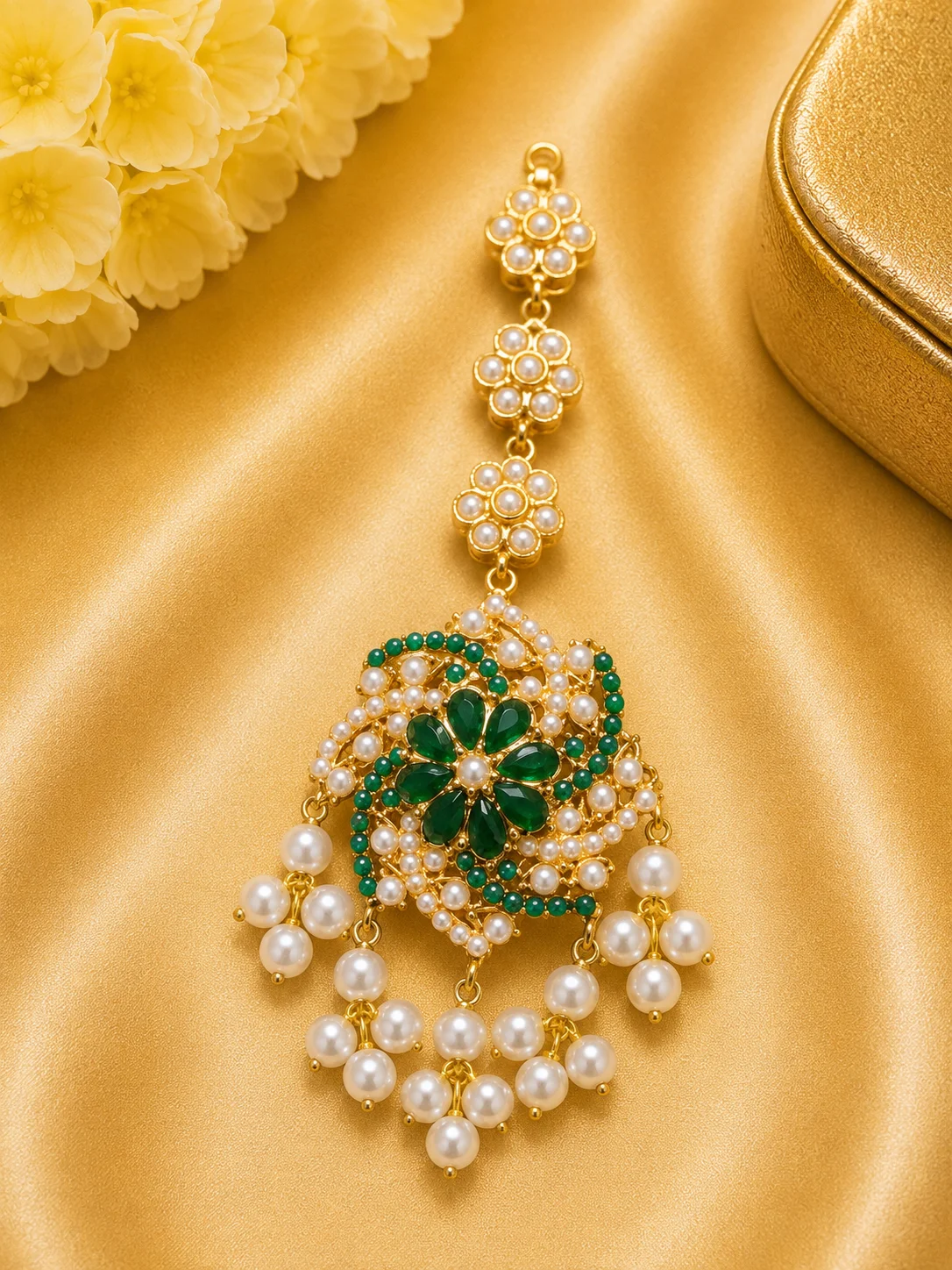 Emerald Pearl Floral Maang Tikka