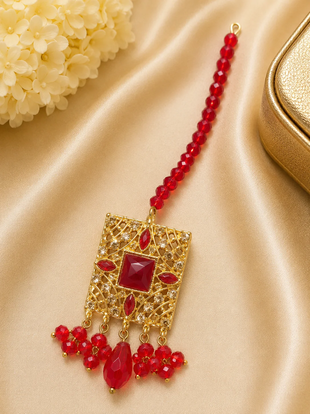Luxury Red Stone Square Maang Tikka