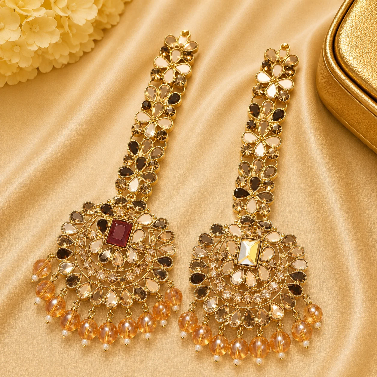 Luxury Mirror Work Golden Bridal Maang Tikka