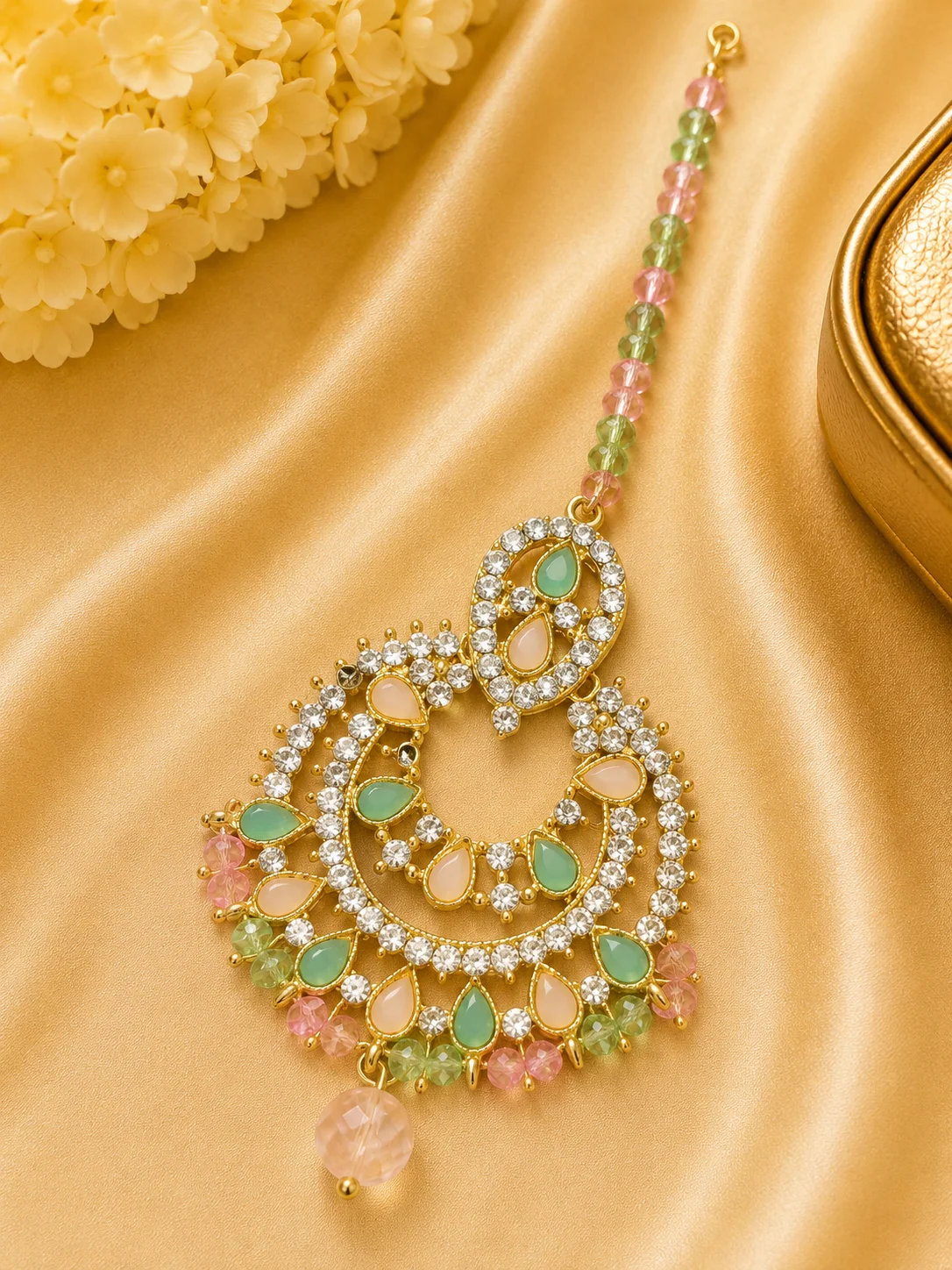 Pastel Mint & Blush Stone Bridal Maang Tikka