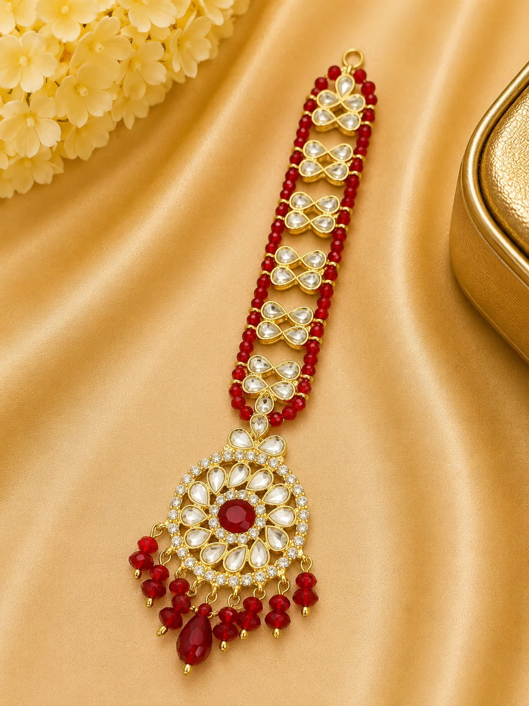 Luxury Kundan Beaded BINDIA (Red & Mint Green)