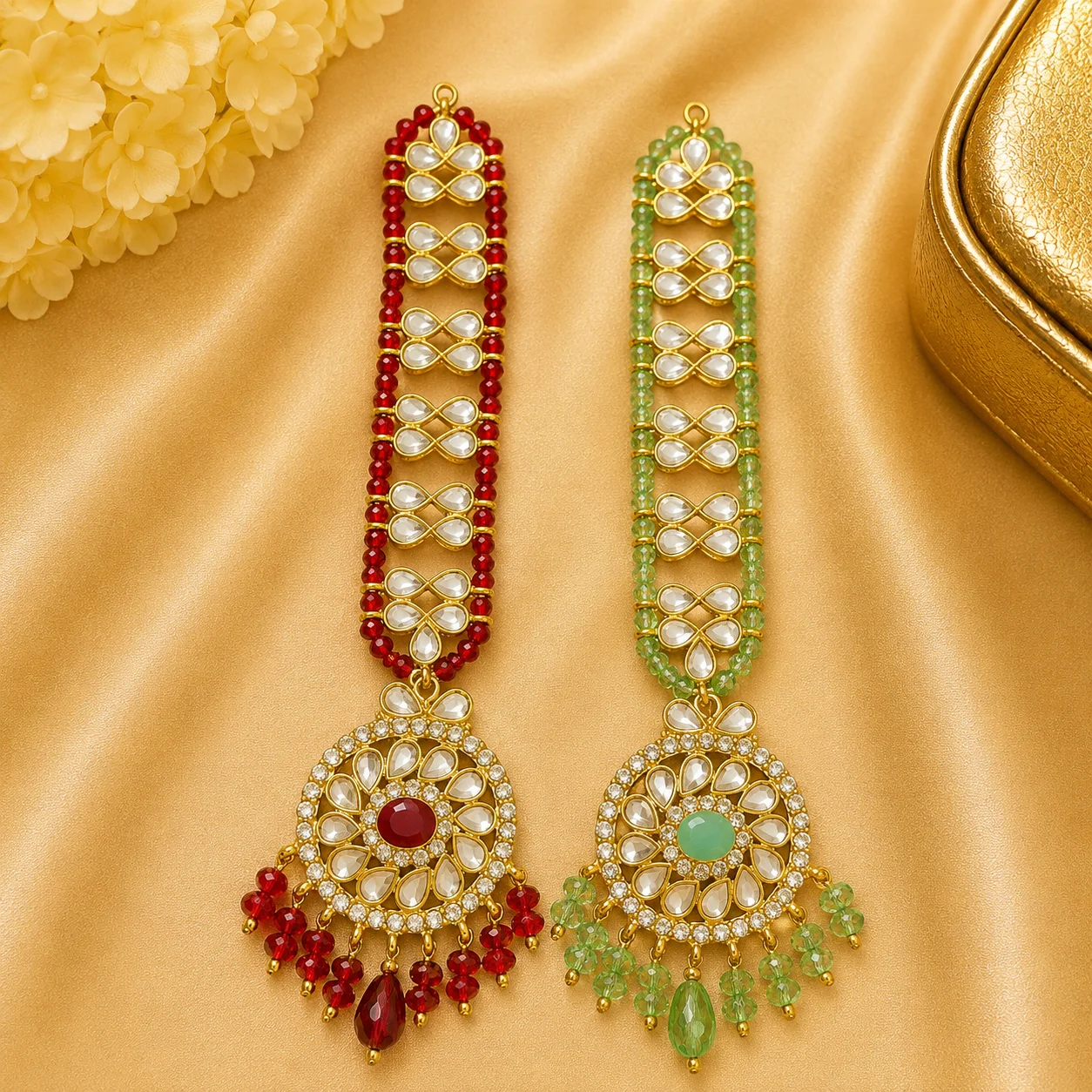 Luxury Kundan Beaded BINDIA (Red & Mint Green)