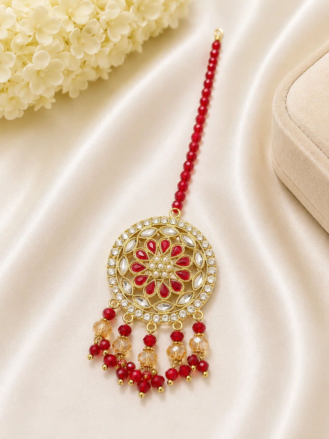 Royal Red Floral Kundan Maang Tikka for Bridal & Party Wear