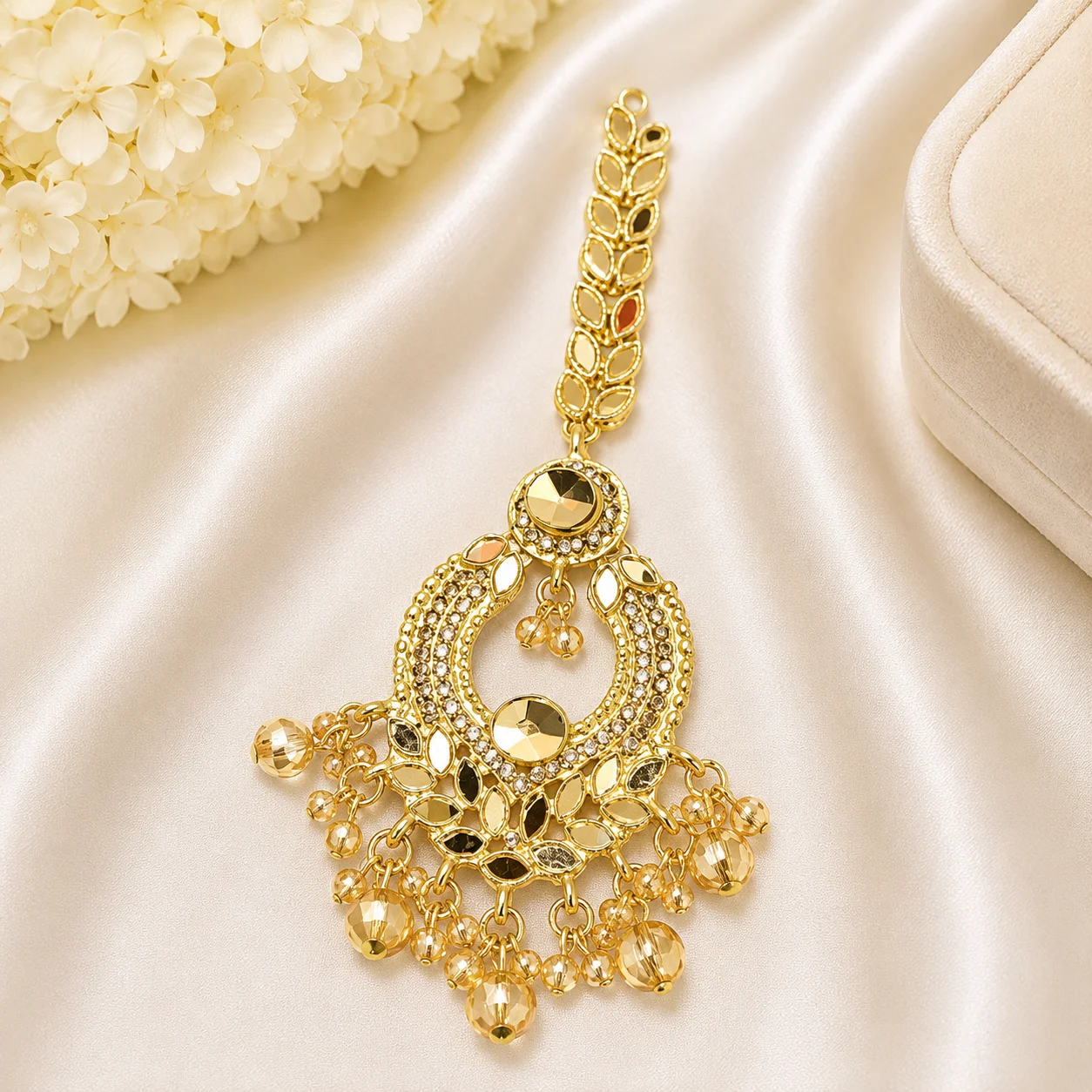 Luxury Gold-Tone Mirror Maang Tikka with Champagne Beads