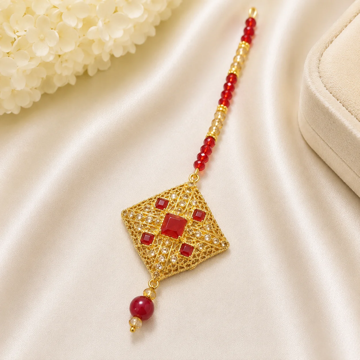 Elegant Red Stone Square Maang Tikka for Women