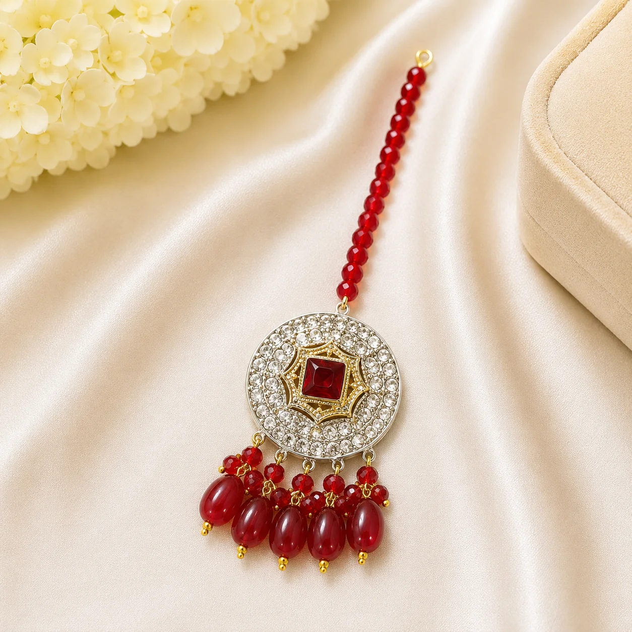 Luxury Red Crystal Round Maang Tikka for Women