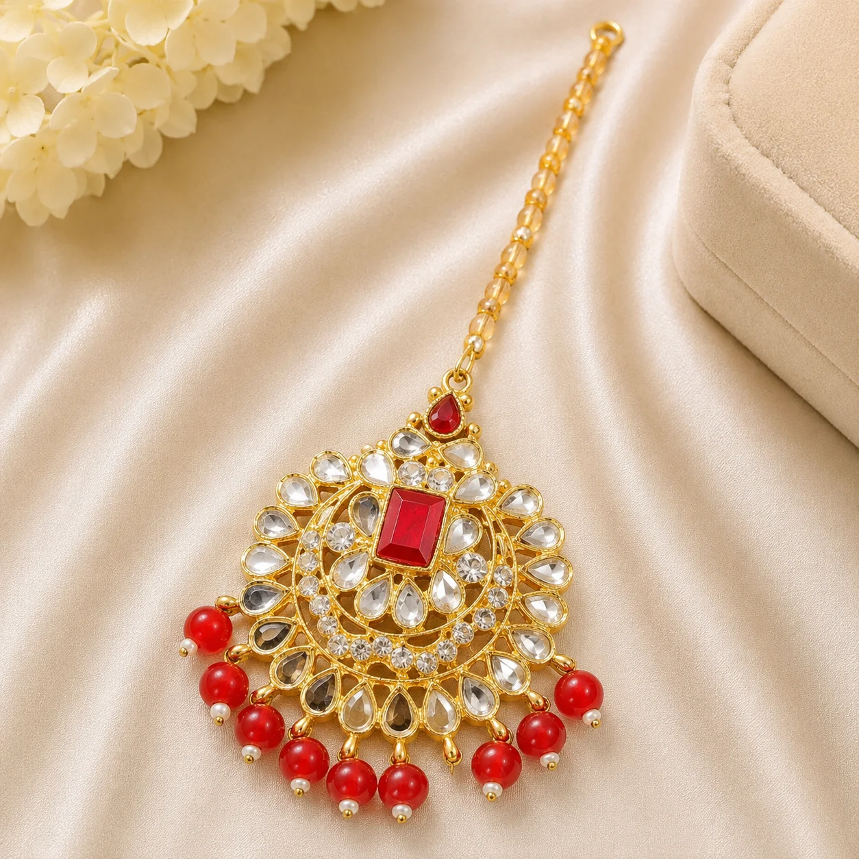 Red Kundan Mirror Maang Tikka