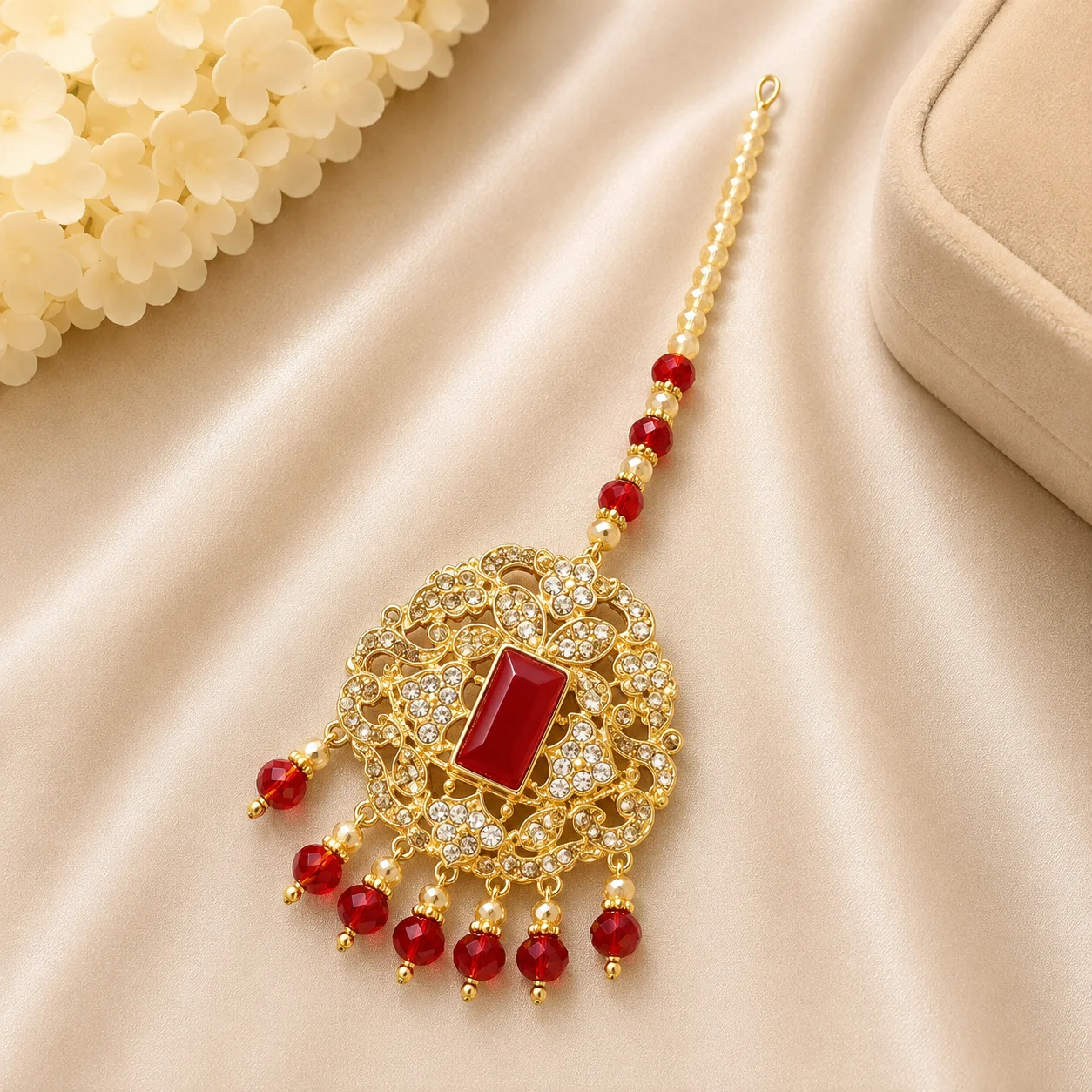 Luxury Red Stone Floral Maang Tikka