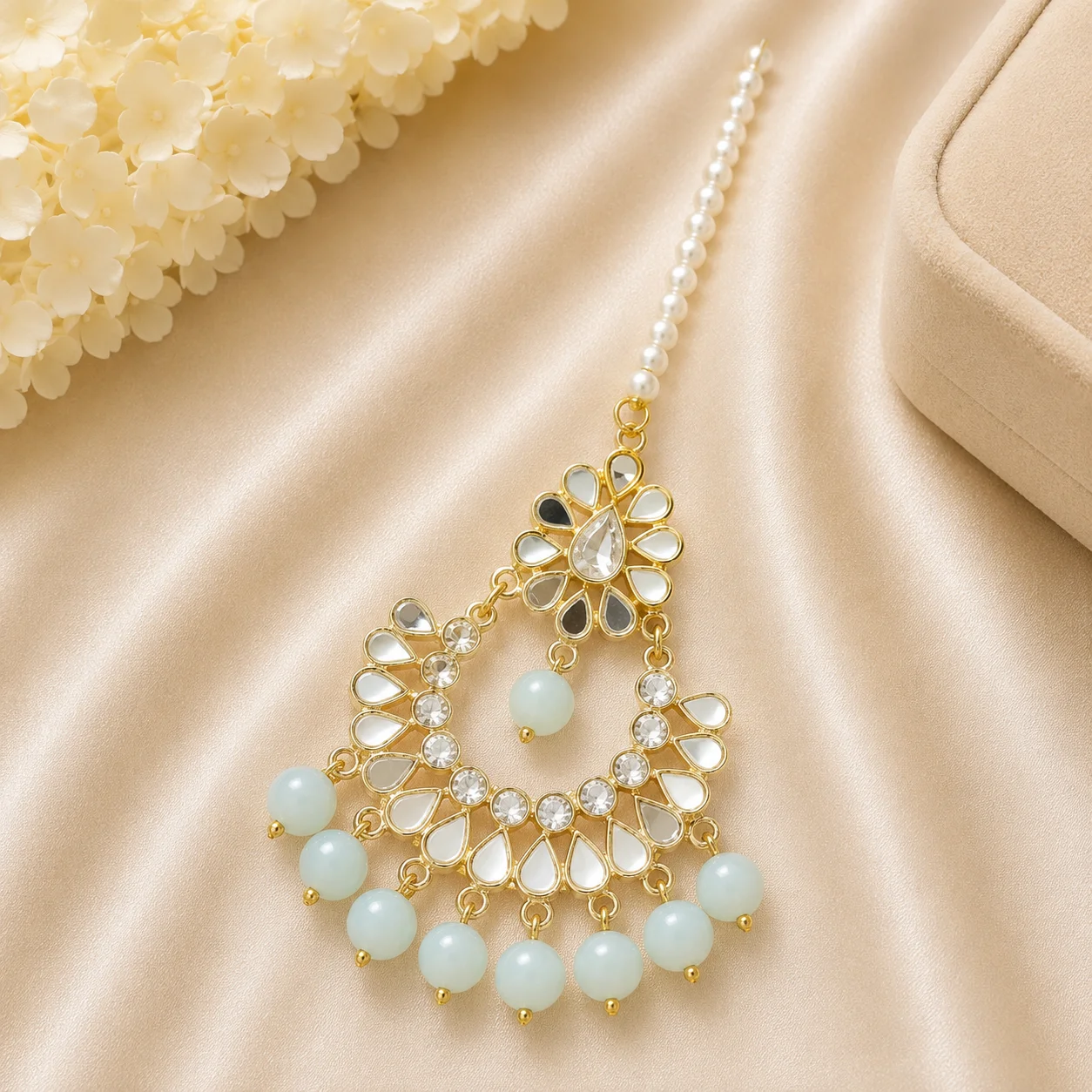 Luxury Pearl & Sky Blue Stone Traditional Tikka