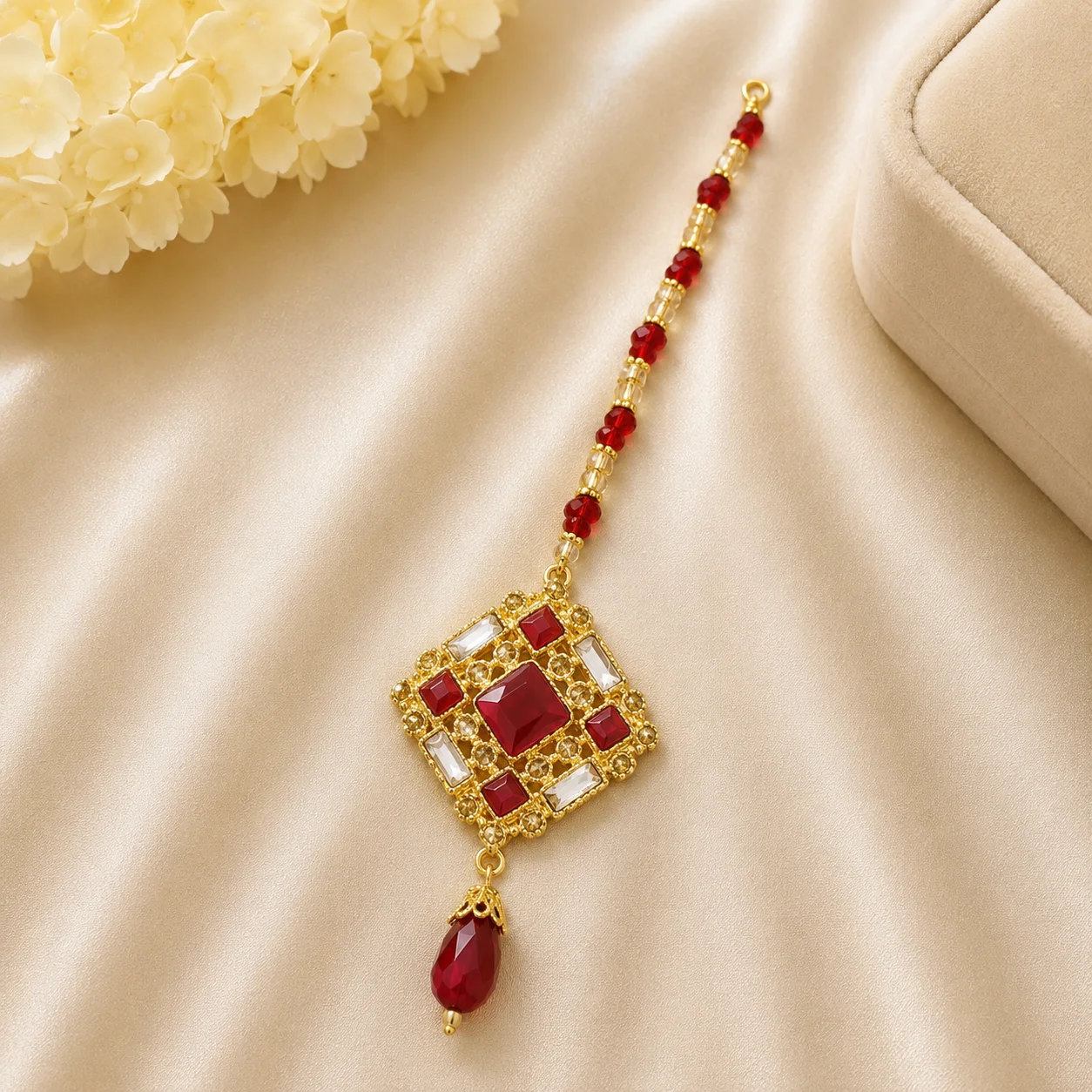 Luxury Red Stone Mirror Maang Tikka