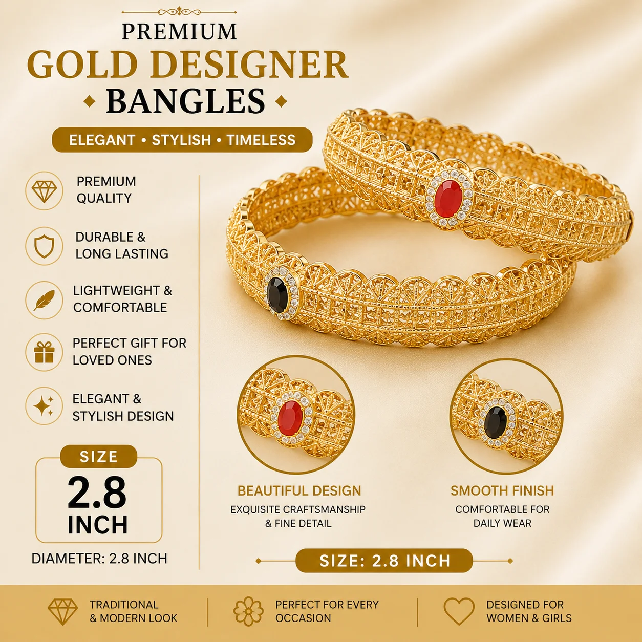 Premium Gold-Plated Designer Bangles for Women – Size 2.8