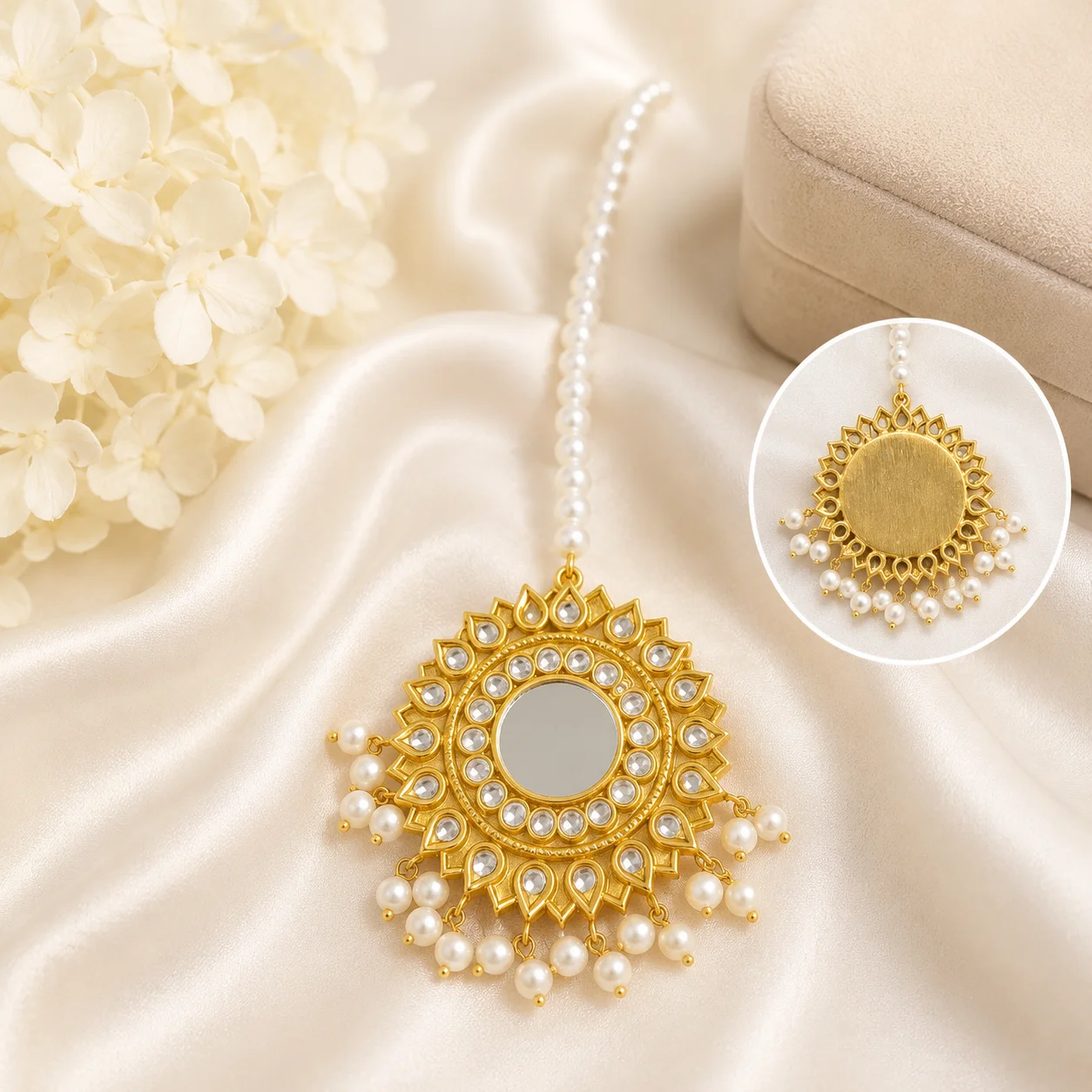 Elegant Mirror Pearl Maang Tikka