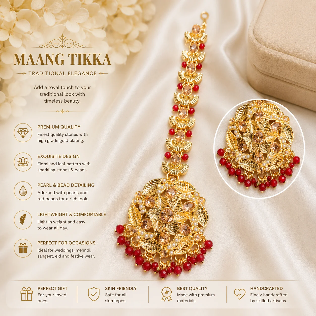 Luxury Gold Stone Maang Tikka – Red Beaded Bridal Bindiya